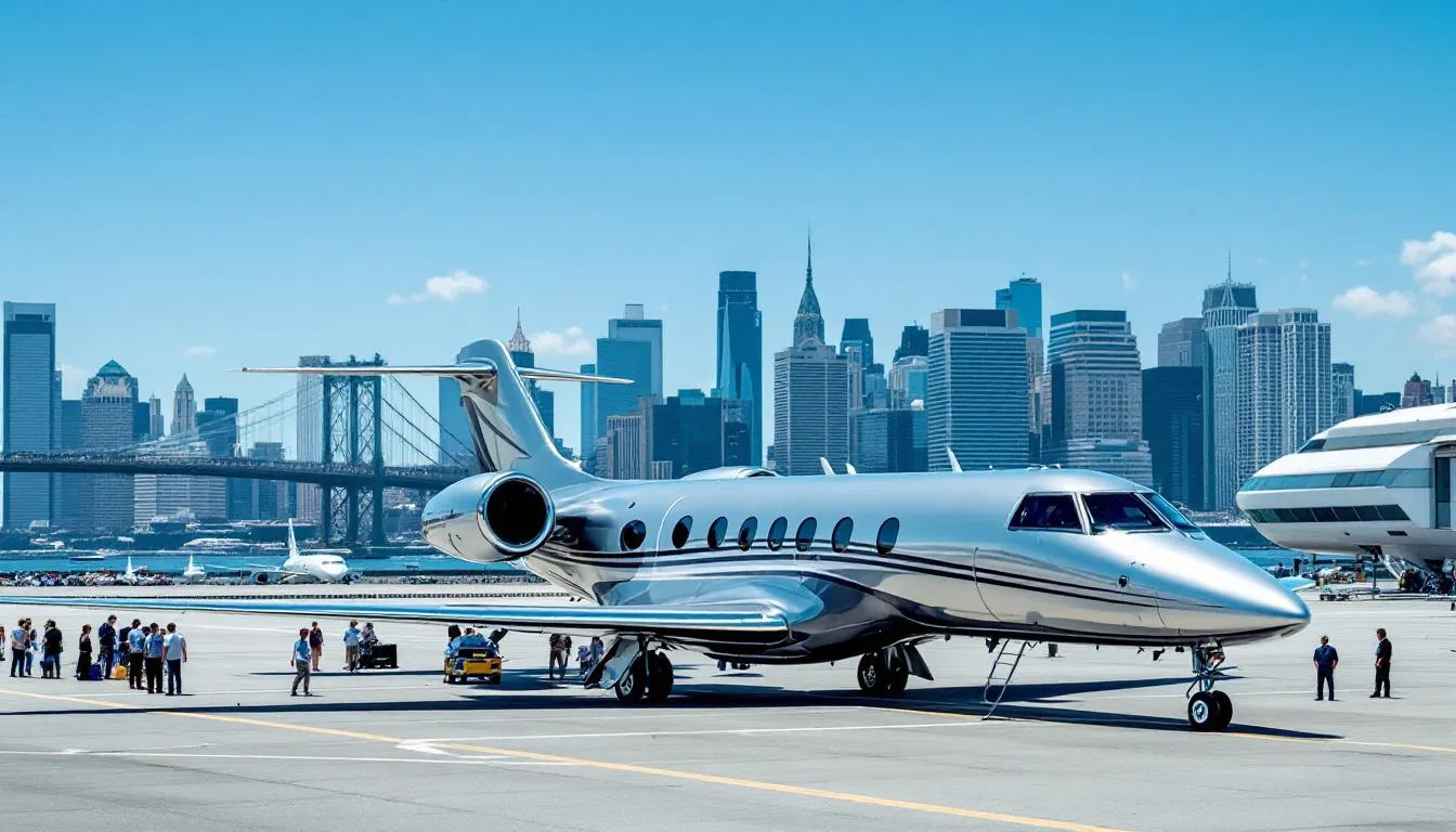The image depicts a sleek private jet parked at a bustling NYC airport, ready for luxurious travel from New York to Las Vegas. This extravagant aircraft symbolizes the comfort and convenience of private jet charters, catering to luxury travelers seeking non-stop flights to popular destinations like Sin City.