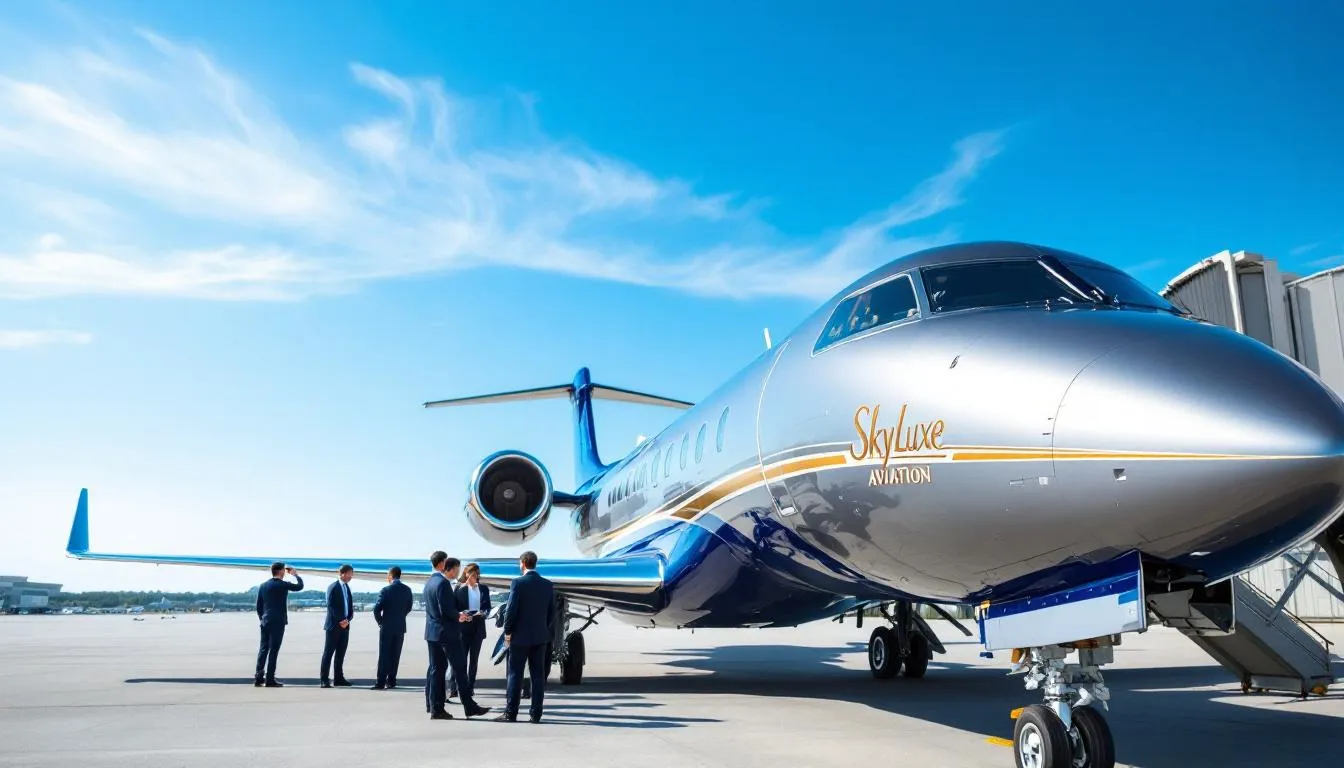 The image depicts a sleek private jet, symbolizing the luxury and efficiency of the private aviation industry. It represents Dumont Aviation Group's commitment to unparalleled customer service and high-quality aircraft management and charter solutions for private aviation clients.