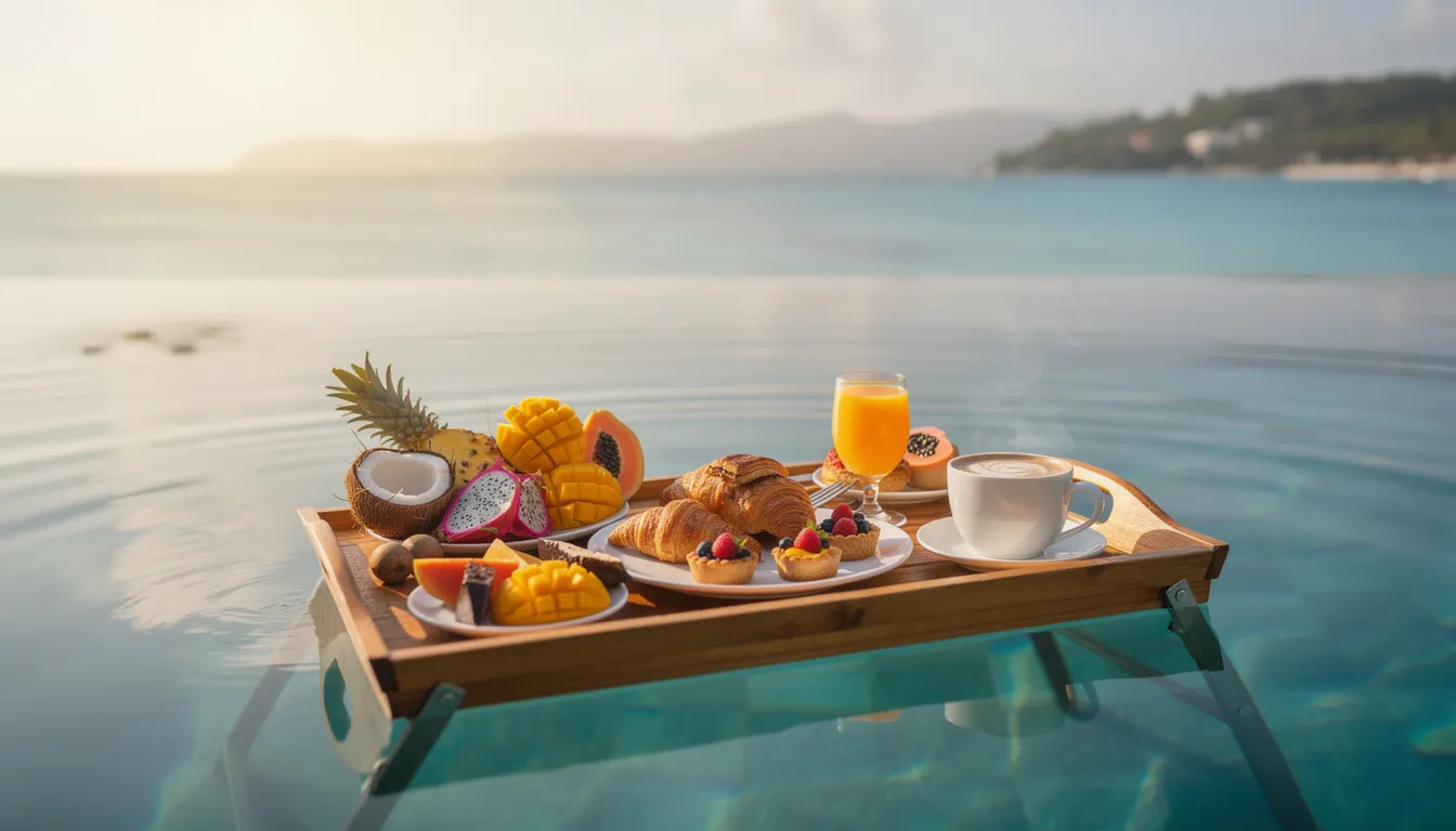 A floating breakfast tray adorned with vibrant tropical fruits and delicious pastries is set in an infinity pool, offering a stunning view of the ocean. This picturesque scene, reminiscent of a luxury villa in Bali's paradise, invites guests to start their day in a serene and indulgent atmosphere.