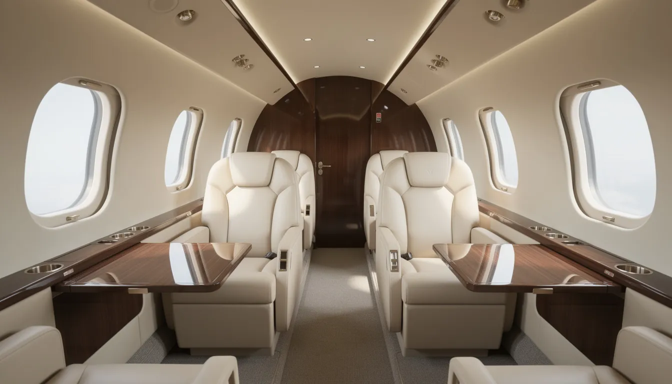 The interior of a luxurious private jet features cream leather seats and elegant wood trim details, creating a sophisticated atmosphere for guests on their trip to paradise. This jet villa experience is designed for comfort and style, perfect for those ready to arrive at their destination in ultimate luxury.
