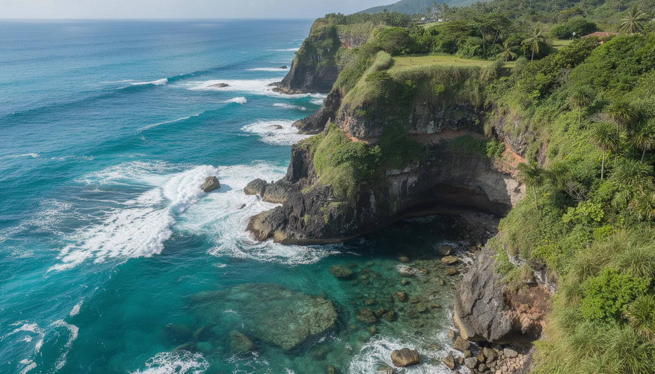 An aerial view showcases dramatic cliffs that plunge into turquoise ocean waters, surrounded by lush green vegetation, creating a paradise-like scene. This stunning landscape is reminiscent of Bali's Uluwatu, where guests can find a private jet villa to stay and experience the beauty of Indonesia.