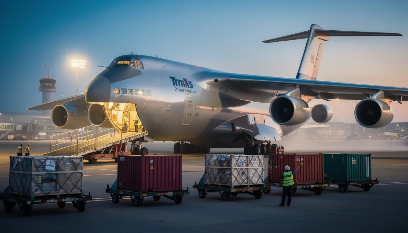 A large cargo aircraft is being loaded with freight containers at an airport, showcasing the efficient logistics involved in air cargo charter services. This scene highlights the aircraft's capacity to transport time-sensitive and specialized cargo, ensuring reliable delivery to various global destinations.
