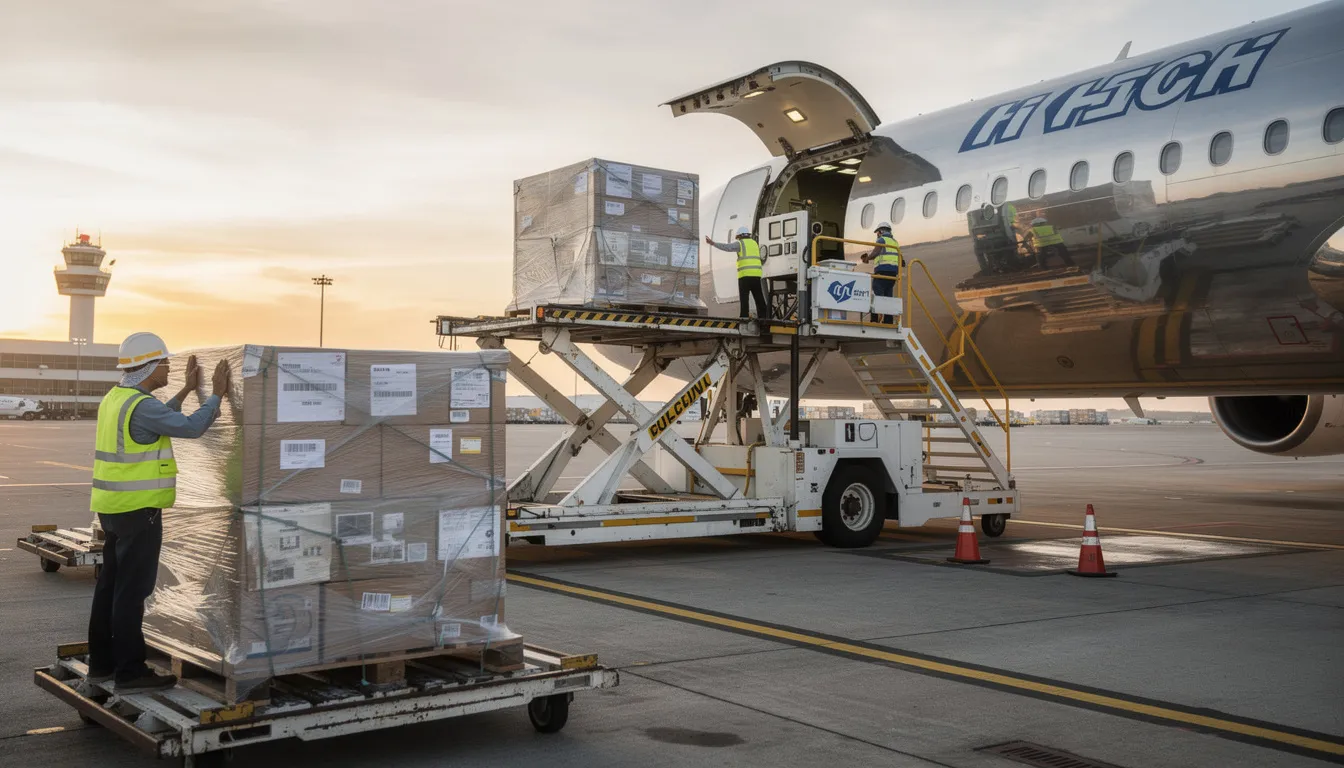A ground crew is actively using specialized equipment to load cargo pallets onto a freight aircraft, ensuring efficient handling of air cargo for time-sensitive shipments. This operation highlights the importance of air freight charter services in transporting urgent medical supplies and high-value goods to their final destinations.