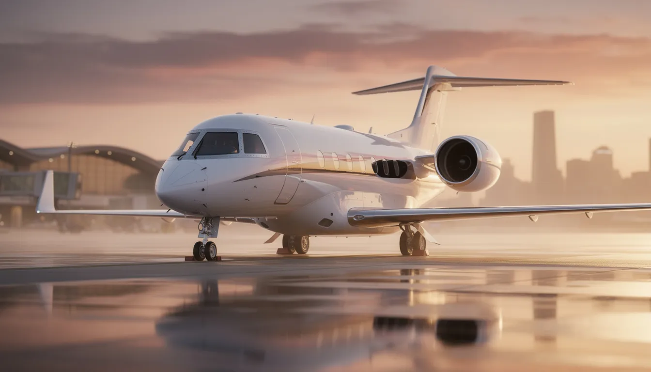 The image depicts a sleek private jet parked at a luxury airport, representing the world of private aviation and its impact on the environment. With many private flights contributing to carbon emissions, this aircraft symbolizes the ongoing discussions about private jet pollution and its role in the climate crisis.