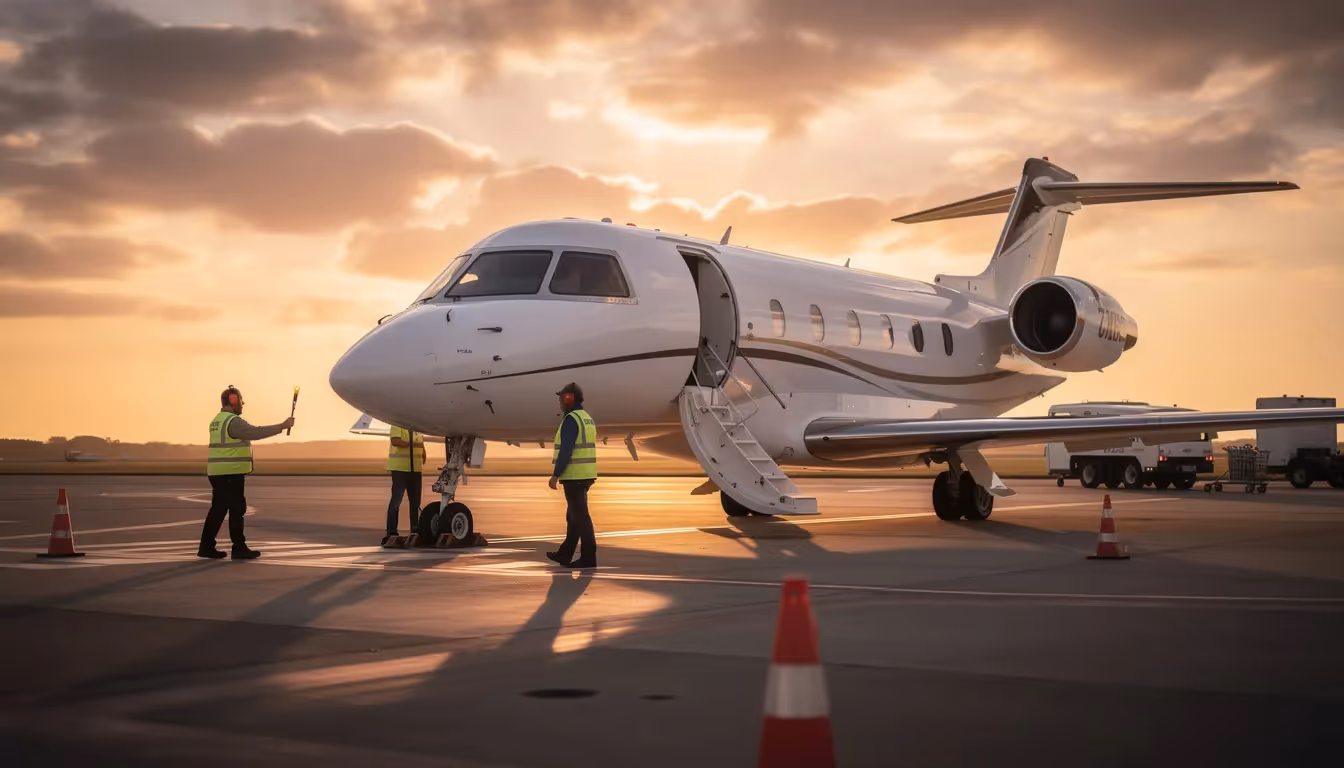 A sleek private jet, representing luxury and comfort, is parked on an airport tarmac at sunset, with a ground crew nearby ensuring safety and convenience. This scene captures the excellence of worldwide jet charter services, highlighting the aircraft management and fleet ready to elevate travel experiences.