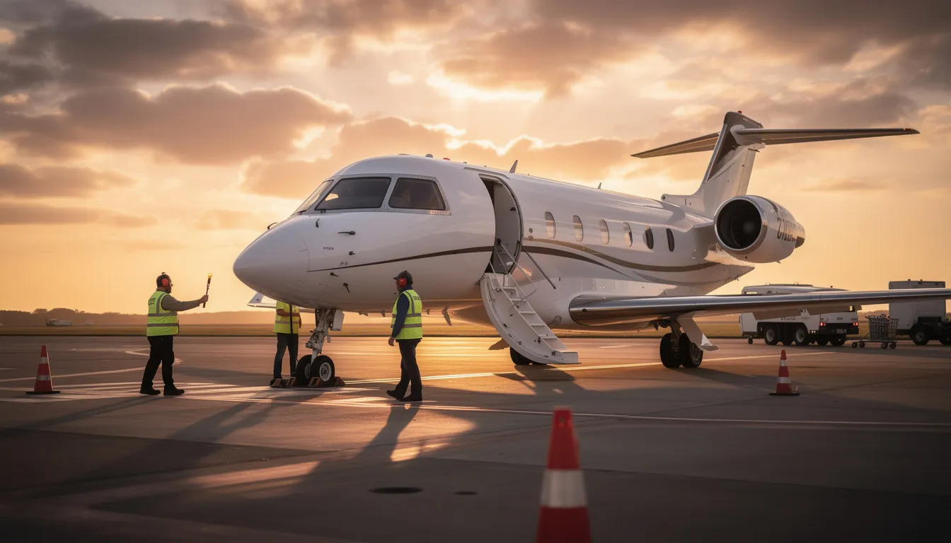 A sleek private jet, representing luxury and comfort, is parked on an airport tarmac at sunset, with a ground crew nearby ensuring safety and convenience. This scene captures the excellence of worldwide jet charter services, highlighting the aircraft management and fleet ready to elevate travel experiences.