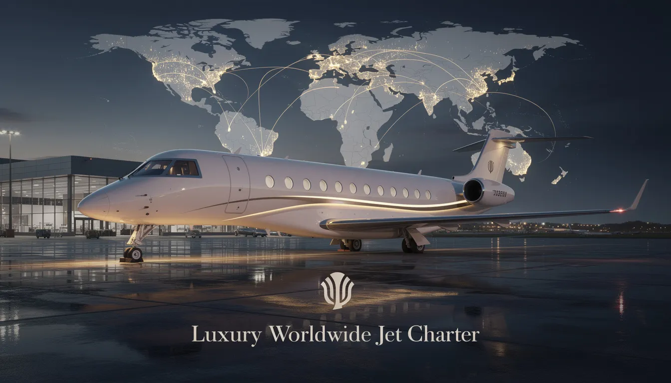 The image showcases a luxurious aircraft from a worldwide jet charter company, highlighting the elegance and comfort of their fleet. It emphasizes the excellence and safety of their services, catering to thousands of people who need convenient air travel options.