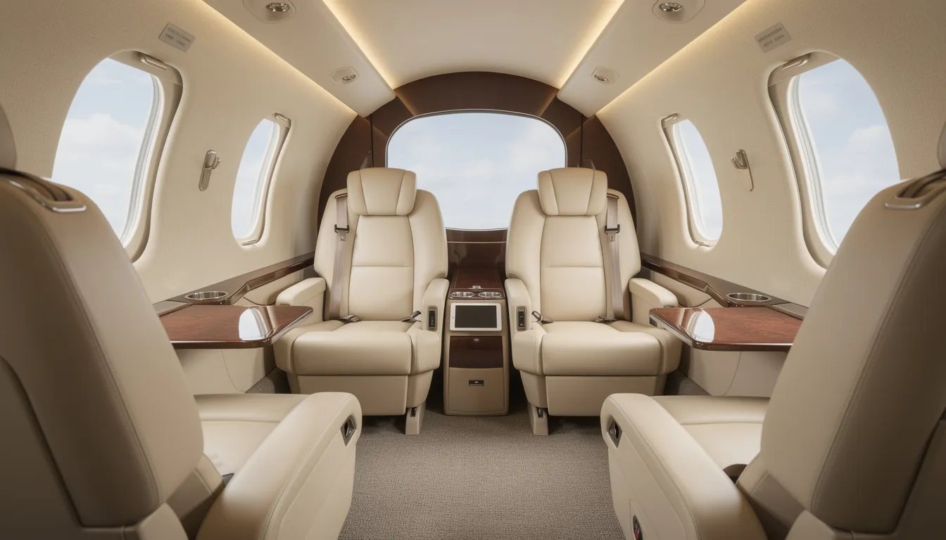 The image shows the interior of a small private aircraft cabin featuring luxurious leather seats arranged in a club configuration, designed for comfort and style during air travel. This setting exemplifies the high-quality service offered by Priority Air Charter LLC, catering to both leisure and business travelers.
