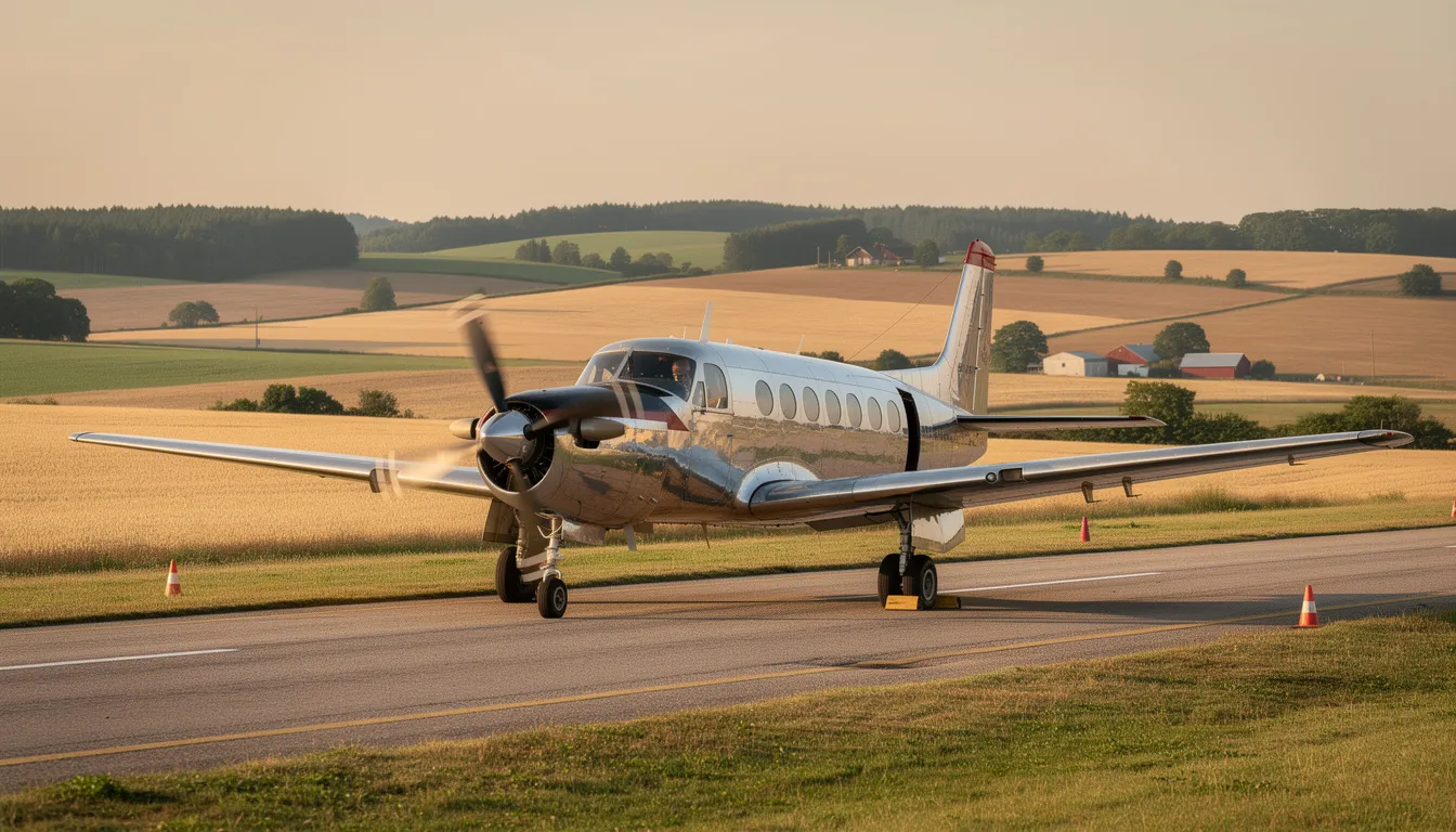 A turboprop aircraft is parked on a small rural airstrip, surrounded by lush rolling farmland in the background. This scene reflects the commitment of Priority Air Charter LLC to provide reliable air charter services at competitive prices for both cargo and passenger transport.