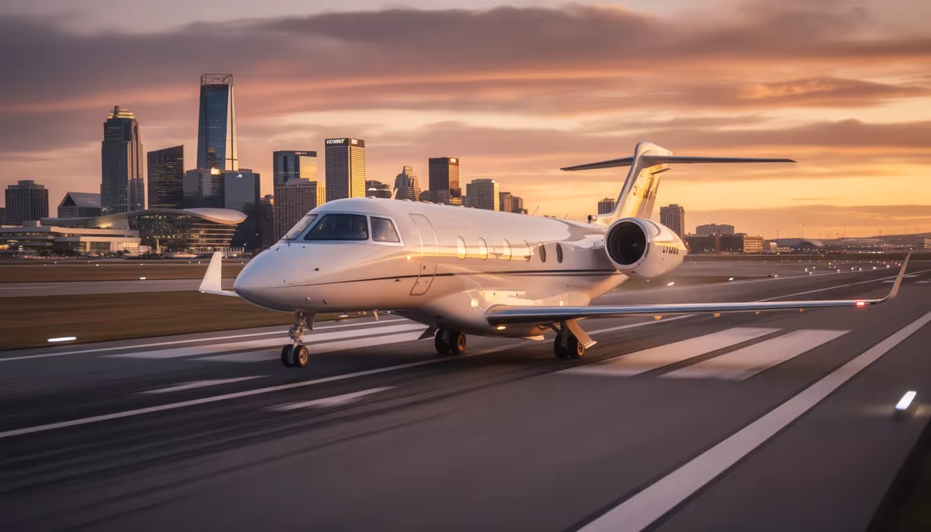 A small private jet is landing on a runway at sunset, with a vibrant city skyline in the background, showcasing the convenience and luxury of private air travel. The scene captures the essence of a journey, highlighting the aircraft's sleek design against the colorful sky.