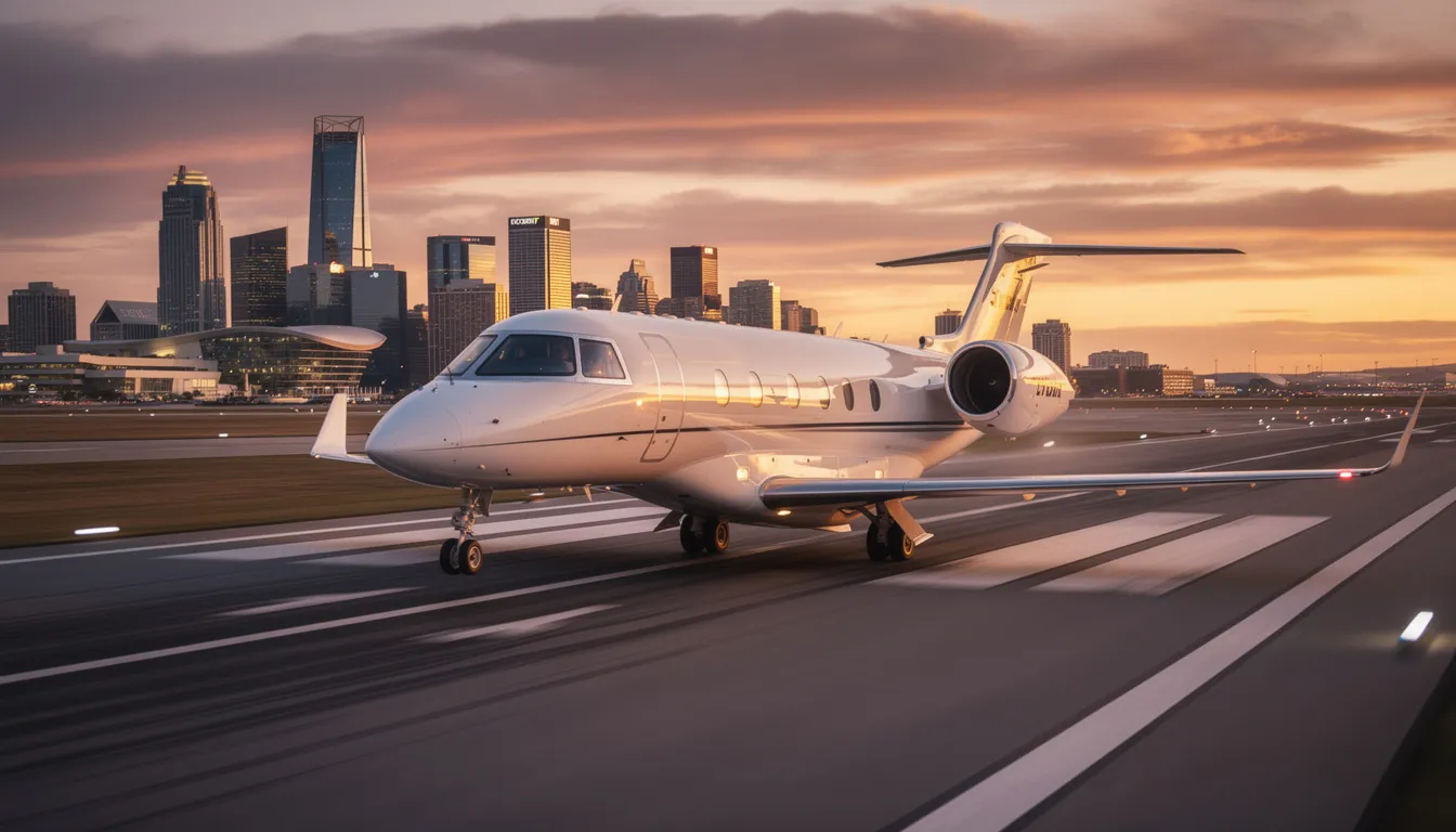A small private jet is landing on a runway at sunset, with a vibrant city skyline in the background, showcasing the convenience and luxury of private air travel. The scene captures the essence of a journey, highlighting the aircraft's sleek design against the colorful sky.