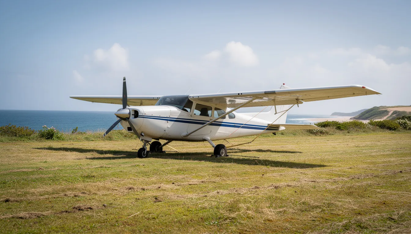 A small propeller aircraft is parked on a grassy airstrip, with a stunning view of the ocean in the background, illustrating the convenience of private jet travel for quick journeys. The scene captures the essence of flying, highlighting the beauty of the world from above.