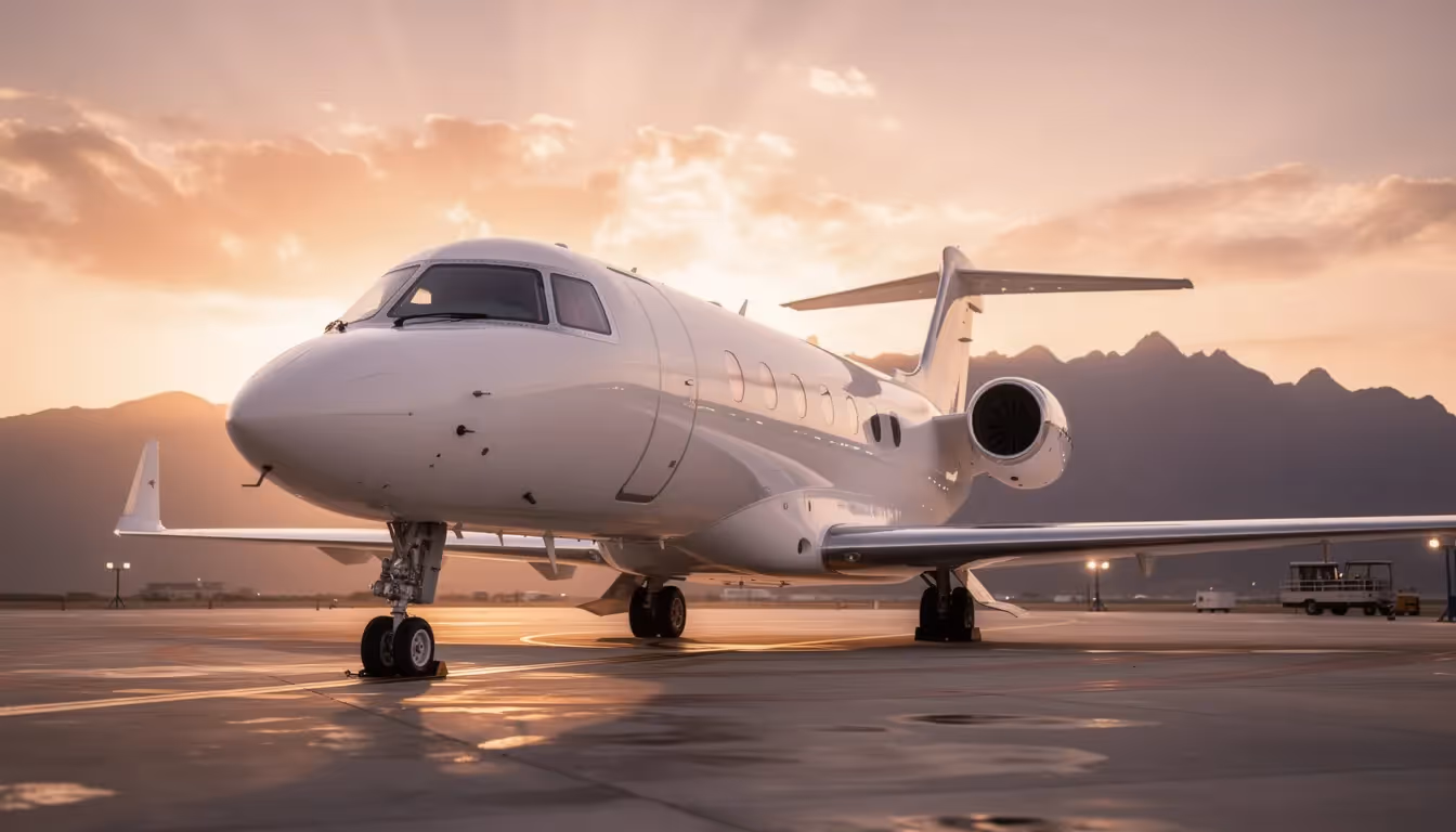 A sleek private jet is parked on the tarmac at sunset, with the majestic mountains of Lake Tahoe in the background, embodying the luxury and lifestyle of private aviation. The warm light of the setting sun enhances the elegance of the aircraft, making it a perfect scene for a feature in a jetset magazine.