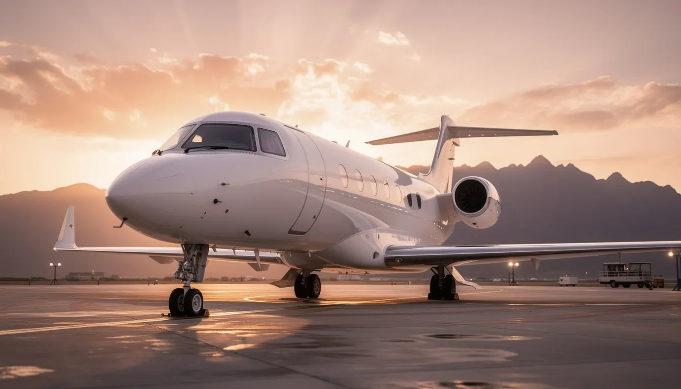 A sleek private jet is parked on the tarmac at sunset, with the majestic mountains of Lake Tahoe in the background, embodying the luxury and lifestyle of private aviation. The warm light of the setting sun enhances the elegance of the aircraft, making it a perfect scene for a feature in a jetset magazine.