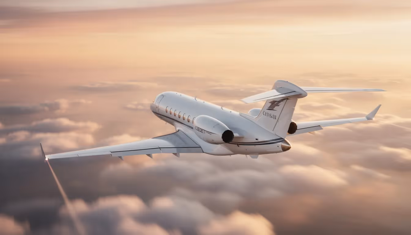 A sleek private jet is parked on a tarmac, showcasing the luxury and style of private aviation. The aircraft's polished exterior reflects the light, embodying the high-end lifestyle associated with jetset magazine and the world of affluent travelers.
