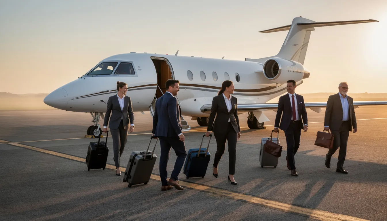 A group of business travelers walks toward a small private aircraft on a runway, ready for their charter flight. The scene captures the efficient and professional atmosphere of an air charter service, highlighting the commitment to providing exceptional support for clients on very short notice.