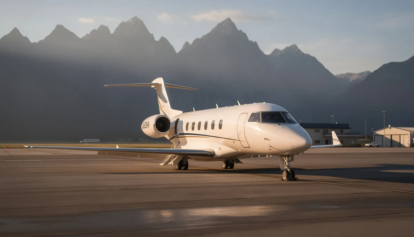 A private jet sits on the tarmac of a small airport, with majestic mountains in the background, showcasing the efficiency and professionalism of an air charter service. This picturesque scene captures the essence of luxury travel and the opportunity for clients to enjoy exceptional charter flights.