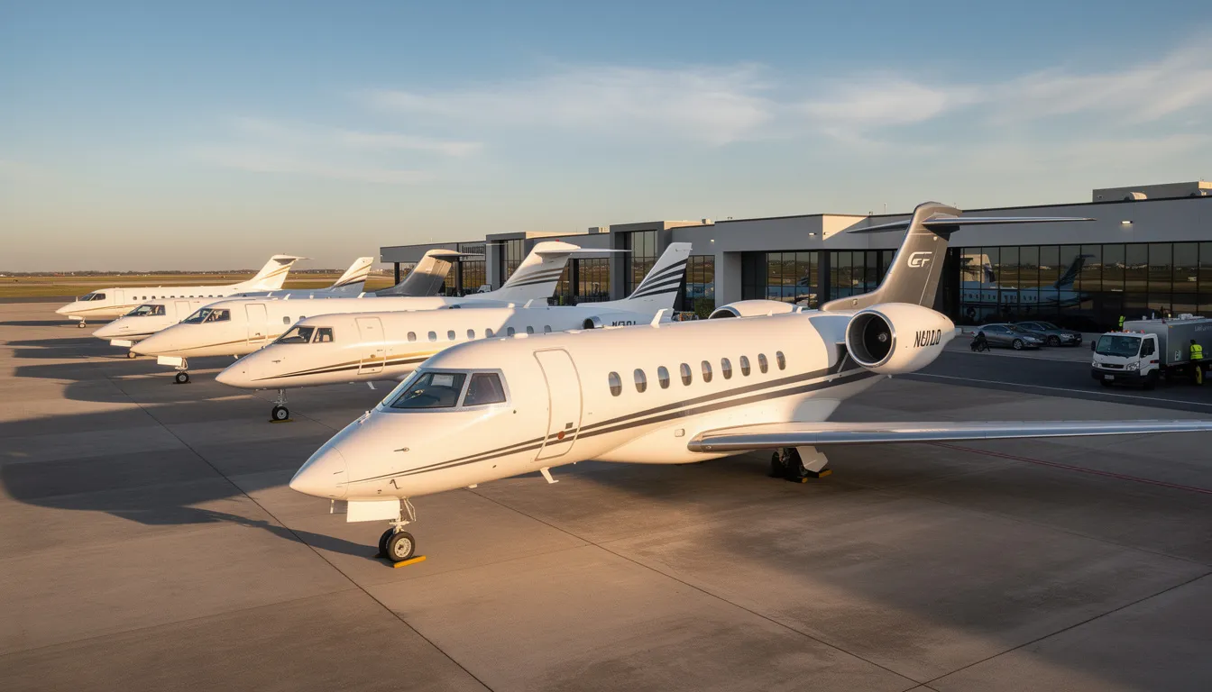 The image shows a lineup of different sizes of private jets parked at an executive airport, highlighting the diverse fleet operated by various aircraft operators. These jets represent the highest standards of safety and service in the air charter industry, catering to the travel needs of business clients.