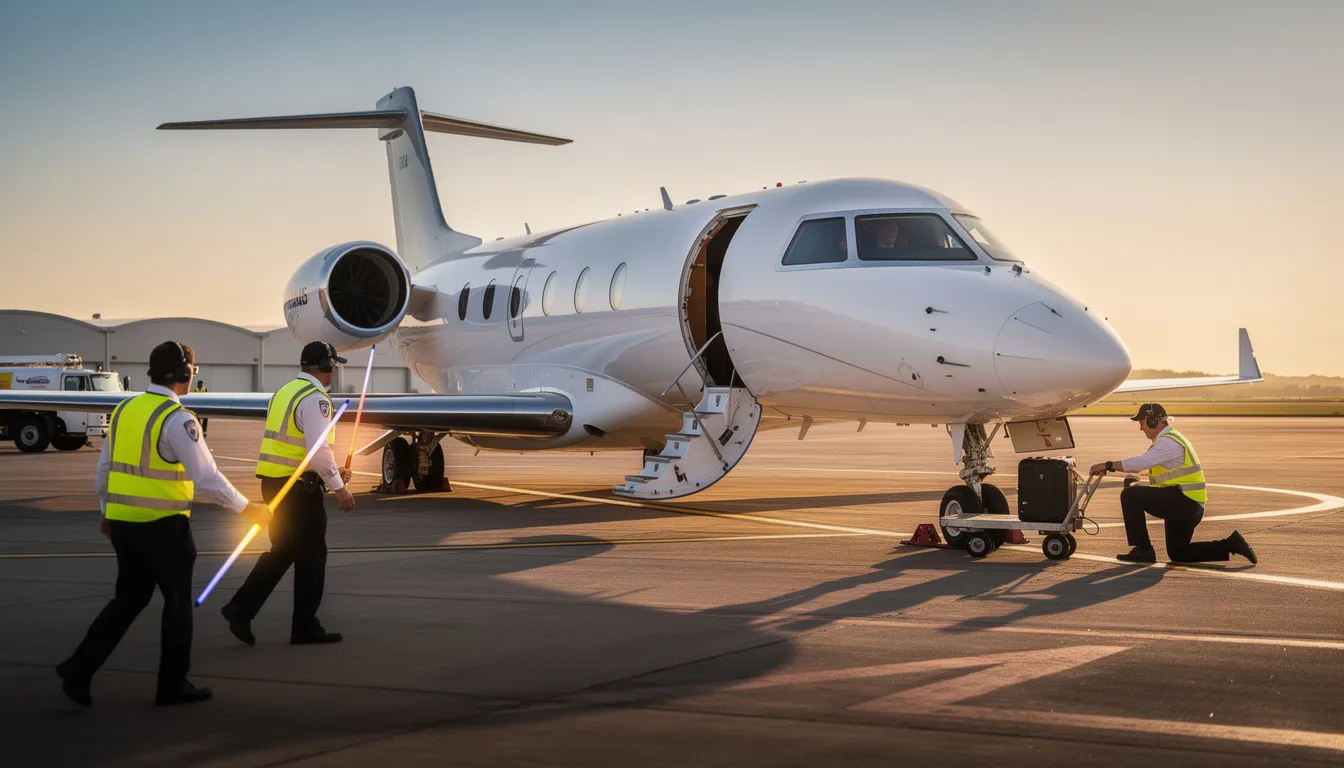 A private jet is parked on the airport tarmac, with ground crew members actively preparing for its departure, ensuring the highest standards of safety and operational control. This scene highlights the commitment of aircraft operators in the air charter industry to deliver efficient flight operations for their clients.