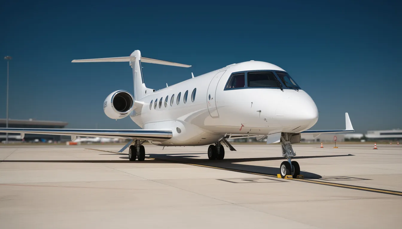 A sleek white private jet is parked on the tarmac under a clear blue sky, symbolizing the luxury and freedom of private jet travel. This image captures the essence of private jet charters, highlighting the accessibility and competitive pricing offered by companies like XO Global LLC.