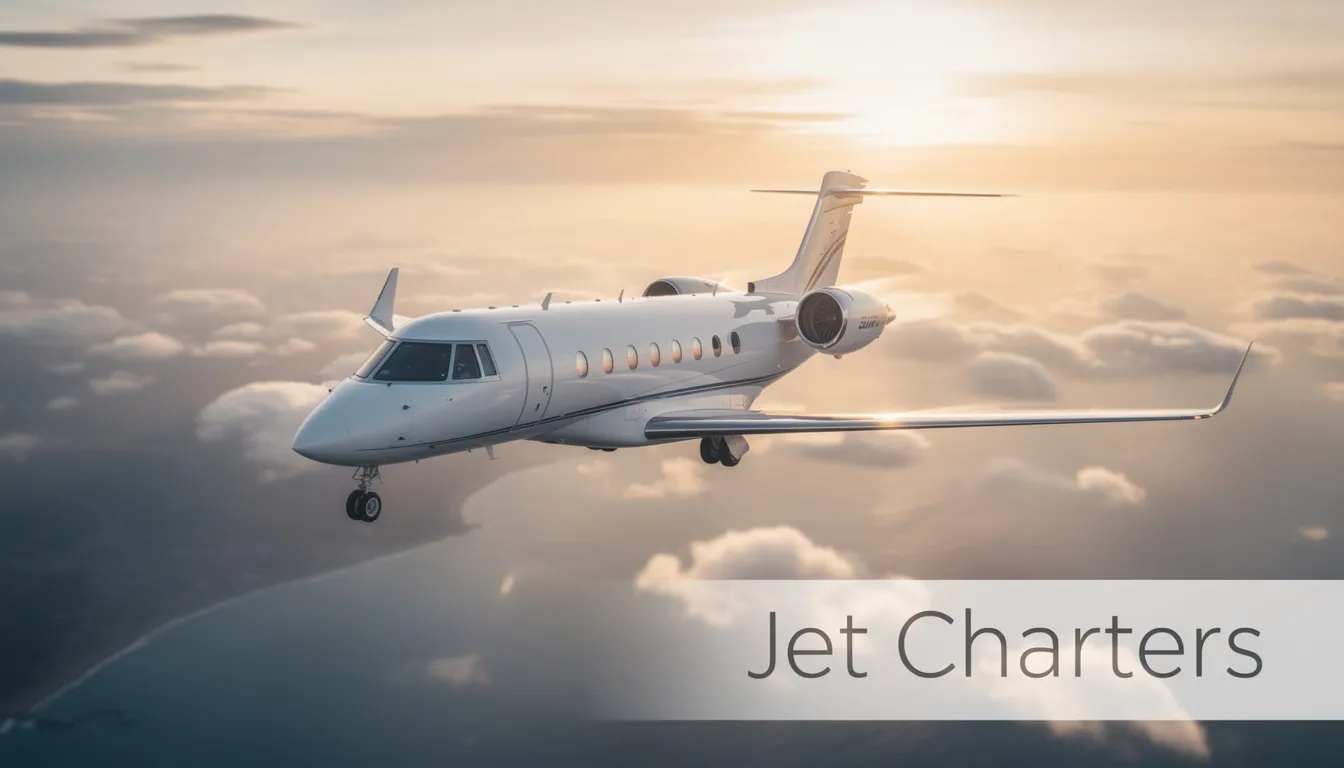 The image depicts a sleek private jet on the tarmac, symbolizing the luxury and efficiency of worldwide jet charters. In the background, a team of professional pilots and employees is engaged in performing security verification to ensure a safe and secure travel experience for their clients.