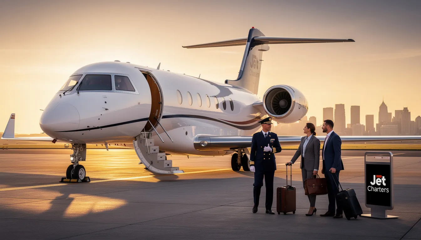 The image depicts a sleek private jet on the tarmac, symbolizing the luxury and efficiency of worldwide jet charters. In the background, a team of professional pilots and employees is engaged in performing security verification to ensure a safe and secure travel experience for their clients.
