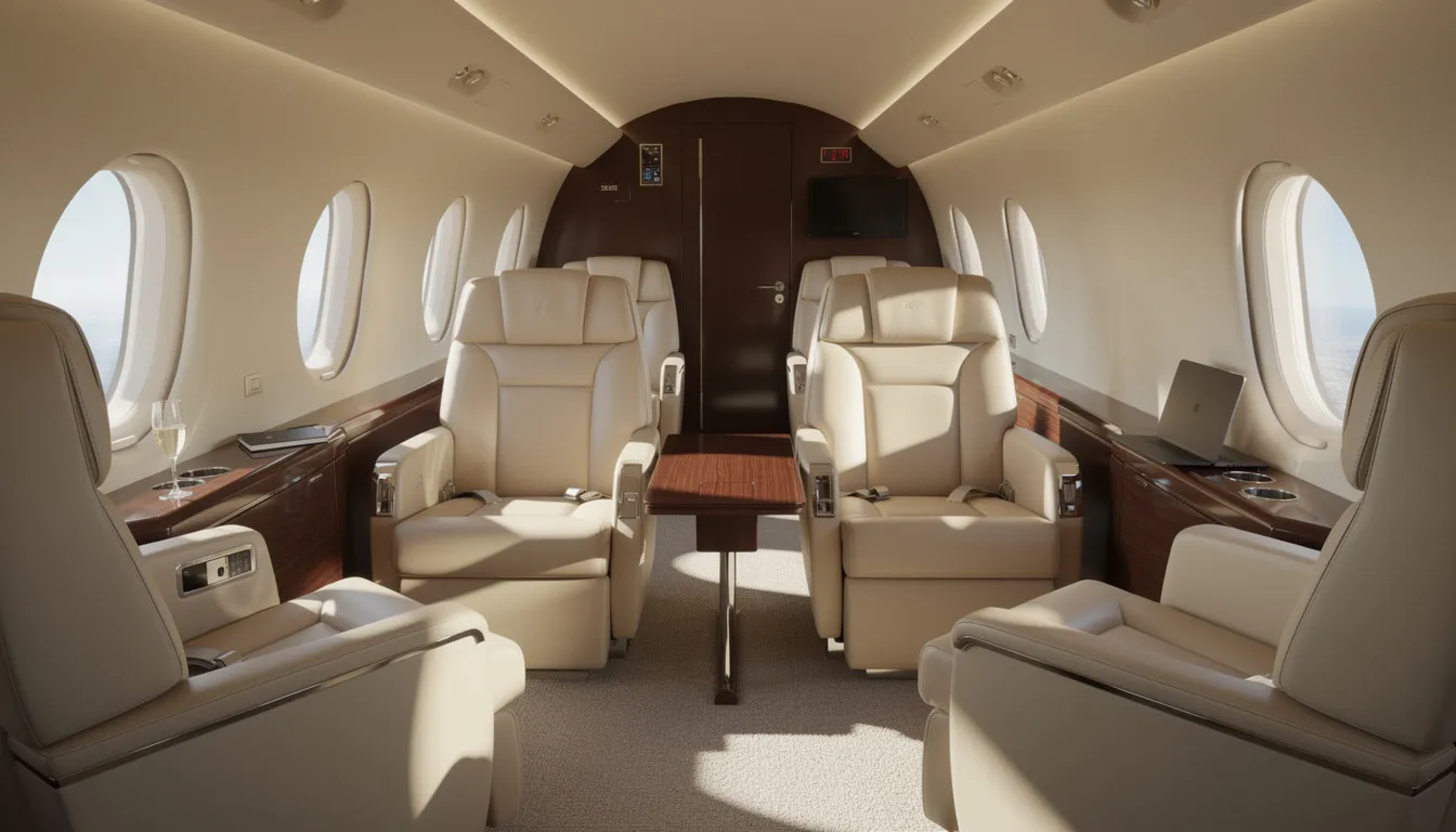 The image depicts the luxurious interior of a private jet cabin, featuring plush leather seats and ample natural light pouring in through large windows, creating a comfortable and inviting atmosphere for travelers. This setting is ideal for those seeking a premium flying experience, perhaps on flights to Key West or other popular destinations.