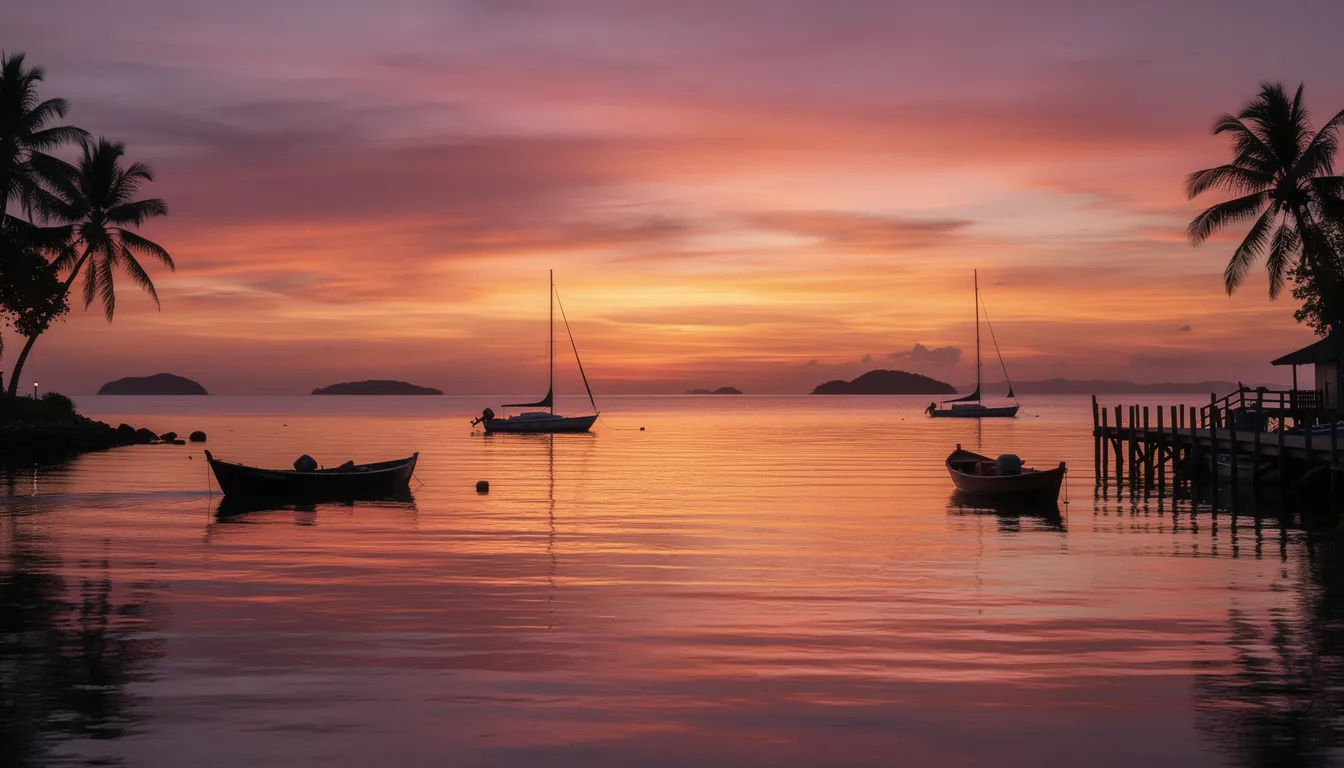 A vibrant sunset casts shades of orange and pink over a tropical waterfront, with boats silhouetted against the colorful sky, evoking the serene beauty of Key West. This picturesque scene captures the essence of a perfect evening, ideal for travelers planning their trip to enjoy the beaches and attractions of this popular destination.
