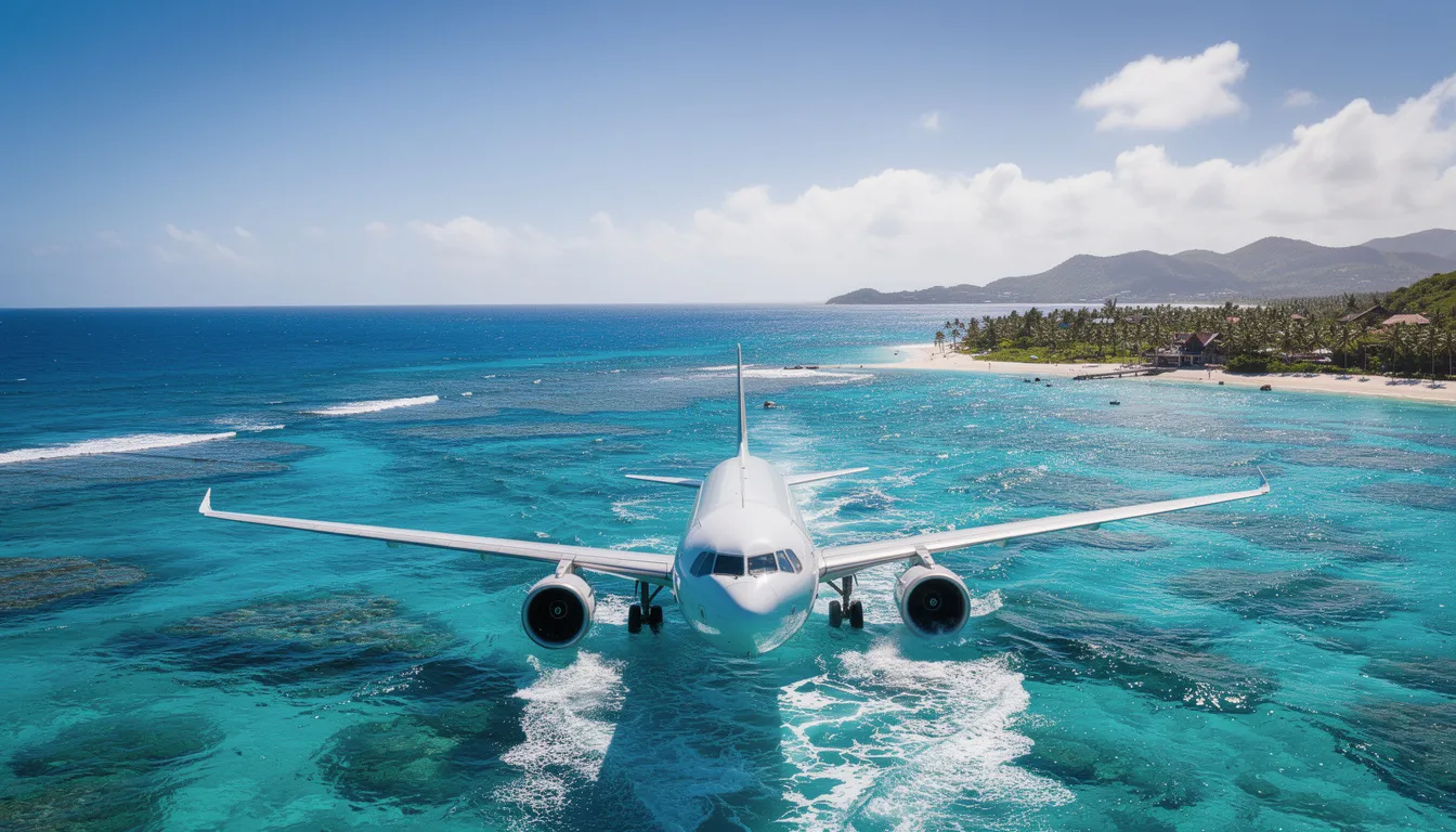 A commercial airplane is flying low over the bright blue ocean water, approaching the tropical destination of Key West, where travelers can enjoy popular flights to Key West International Airport. The scene captures the excitement of air travel as it nears the southernmost point of Florida, ideal for those looking for a summer getaway.