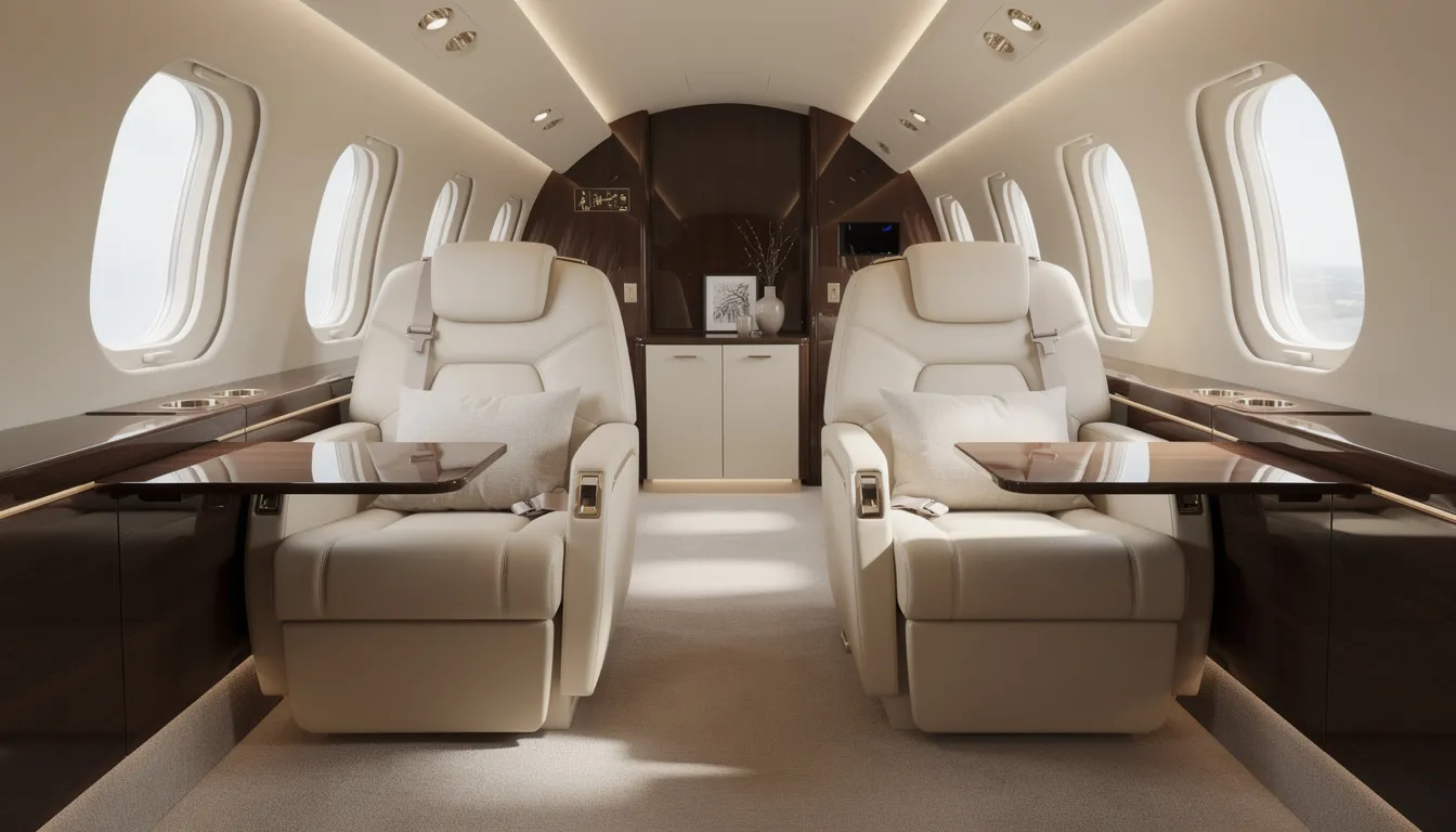 The image showcases the interior of a luxurious private jet cabin, featuring plush cream leather seats, elegant wooden accents, and soft ambient lighting, creating a sophisticated atmosphere for passengers. This opulent space reflects the style and comfort expected in a high-end aircraft, perfect for those who appreciate the finer things in life, like Conor McGregor on his travels.
