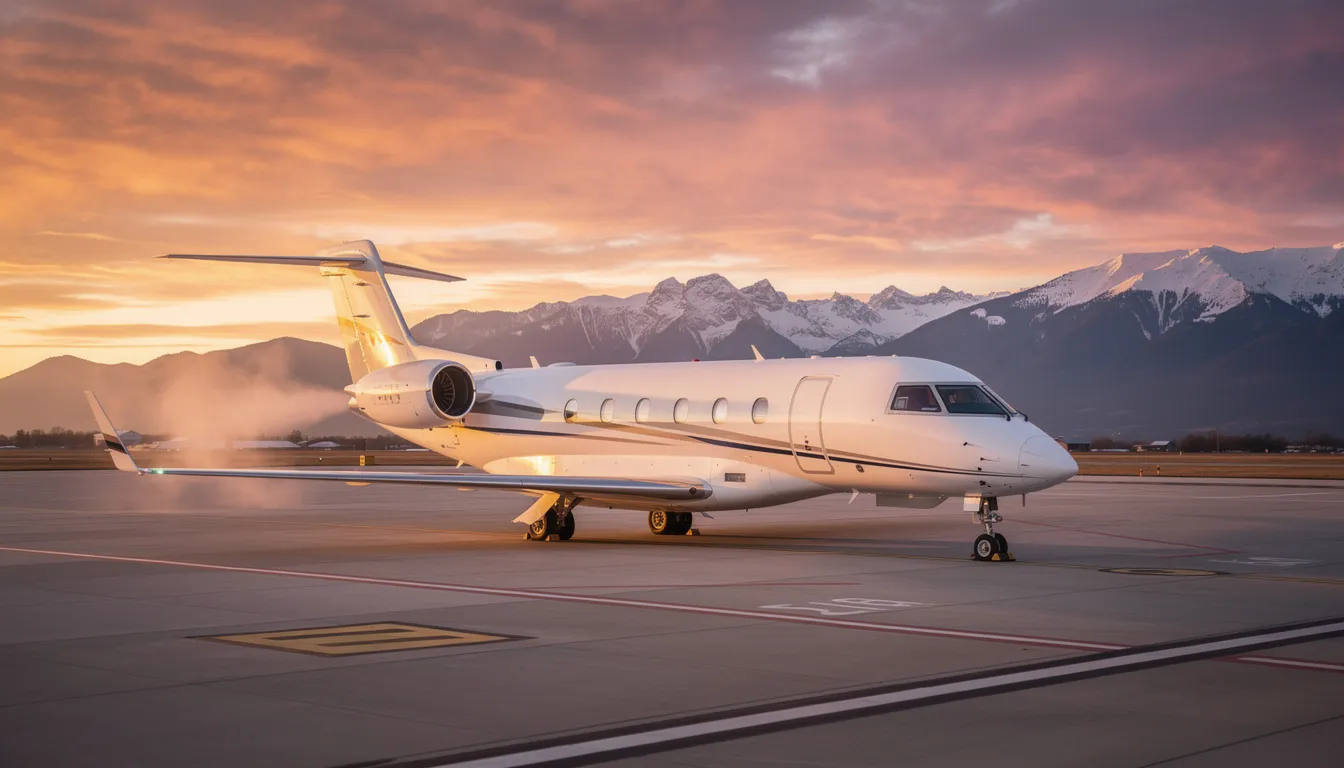A sleek white private jet is parked on a tarmac at sunset, with majestic mountains in the background, creating a picturesque scene that evokes a sense of luxury and adventure. The aircraft, reminiscent of those often associated with high-profile figures like Conor McGregor, stands as a symbol of dreams and future journeys.