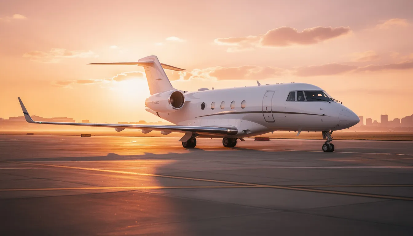 A private jet is parked on the airport tarmac at sunset, casting a silhouette against the vibrant sky. This image evokes the luxury of aviation, highlighting the importance of aircraft insurance and the role of knowledgeable providers in ensuring the best coverage for aircraft owners and operators.