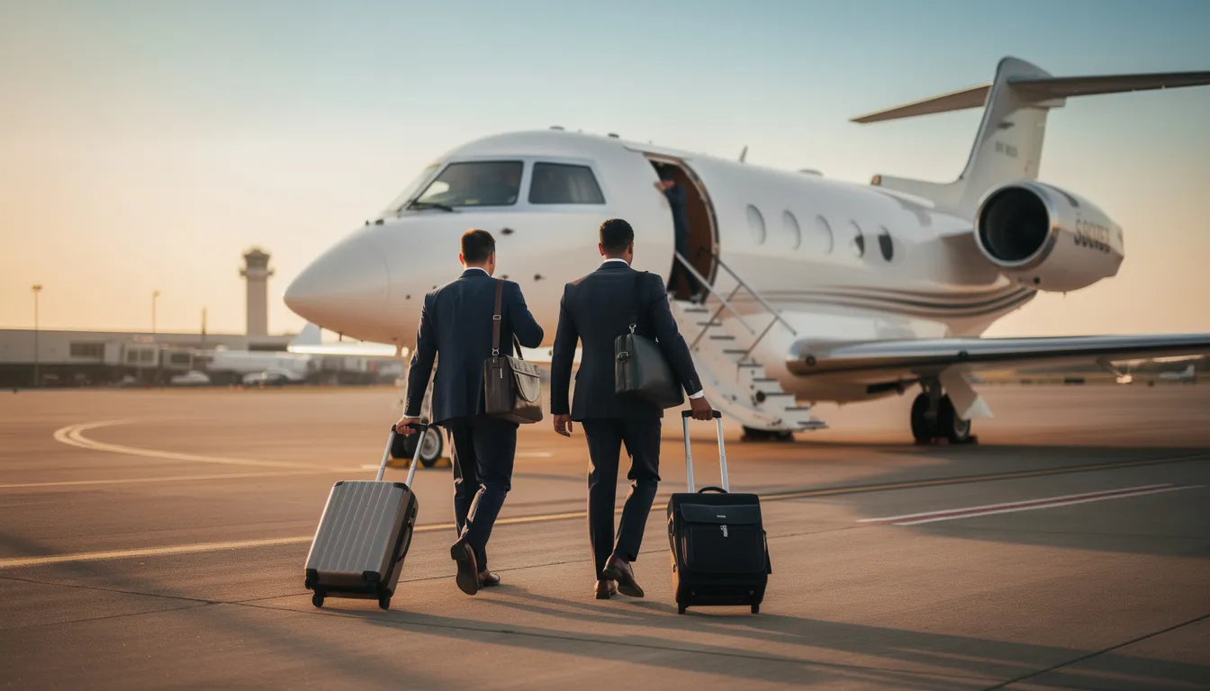 A group of business travelers is walking toward a private jet on a runway, ready to embark on their journey. The scene captures the essence of aviation, reflecting the importance of aircraft insurance and the strategic role it plays in supporting business travel.