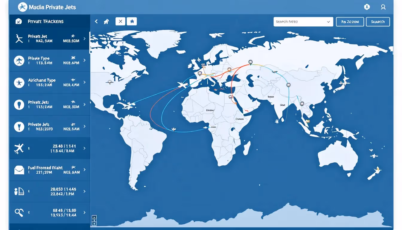 The image showcases various tools and technologies used for tracking private jets efficiently and accurately, highlighting features like flight data, ADS-B information, and public tracking capabilities. These invaluable tools are essential for users, including aviation enthusiasts and business clients, to monitor private flights and access real-time flight information worldwide.