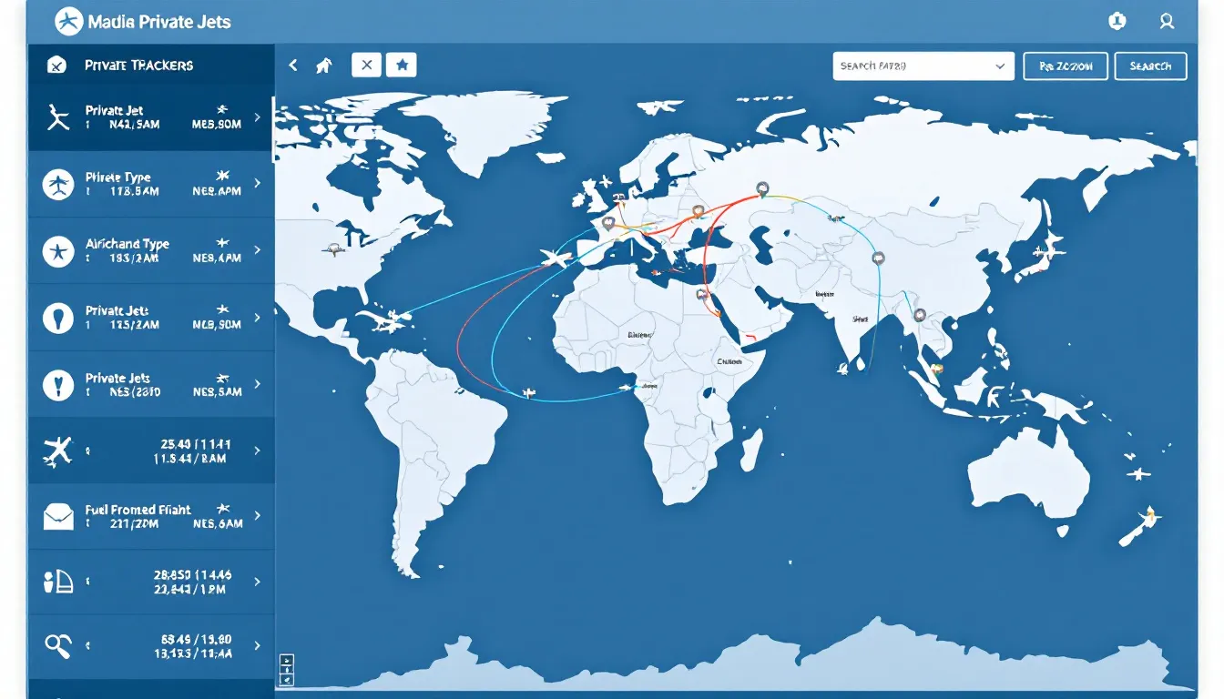 The image showcases various tools and technologies used for tracking private jets efficiently and accurately, highlighting features like flight data, ADS-B information, and public tracking capabilities. These invaluable tools are essential for users, including aviation enthusiasts and business clients, to monitor private flights and access real-time flight information worldwide.