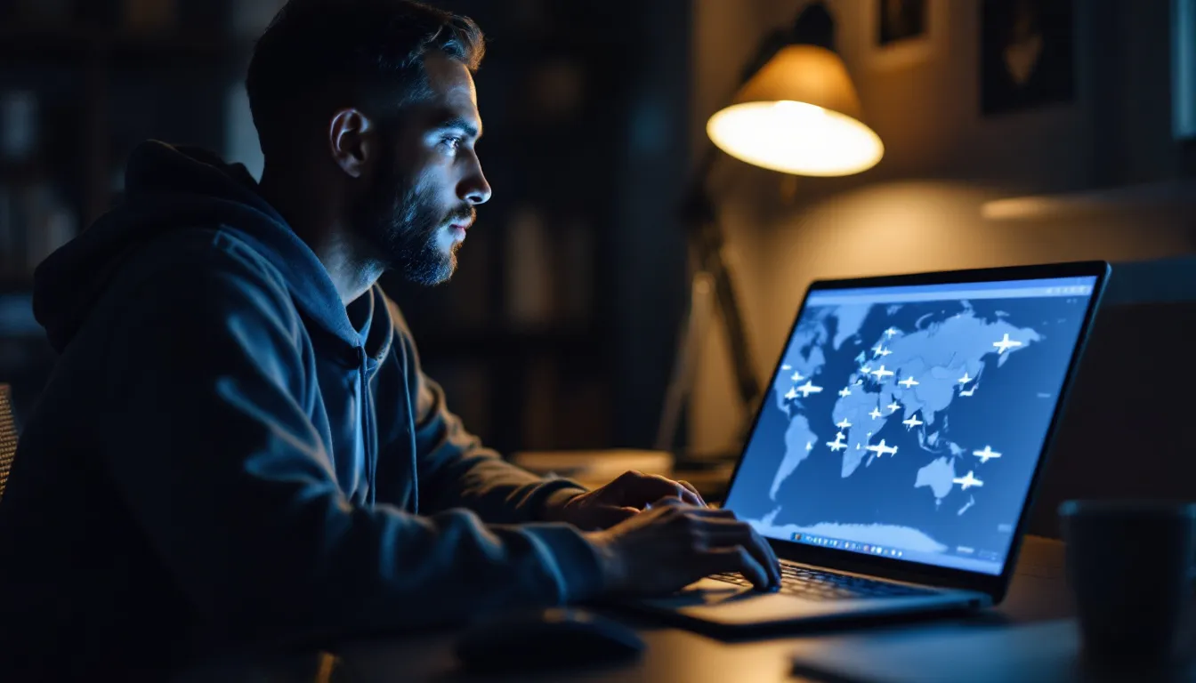 A person is using a laptop to track private jets, displaying flight data and real-time information about various private planes. The screen shows details such as tail numbers and flight numbers, highlighting the invaluable tool of global flight tracking for aviation enthusiasts and users interested in monitoring private flights.