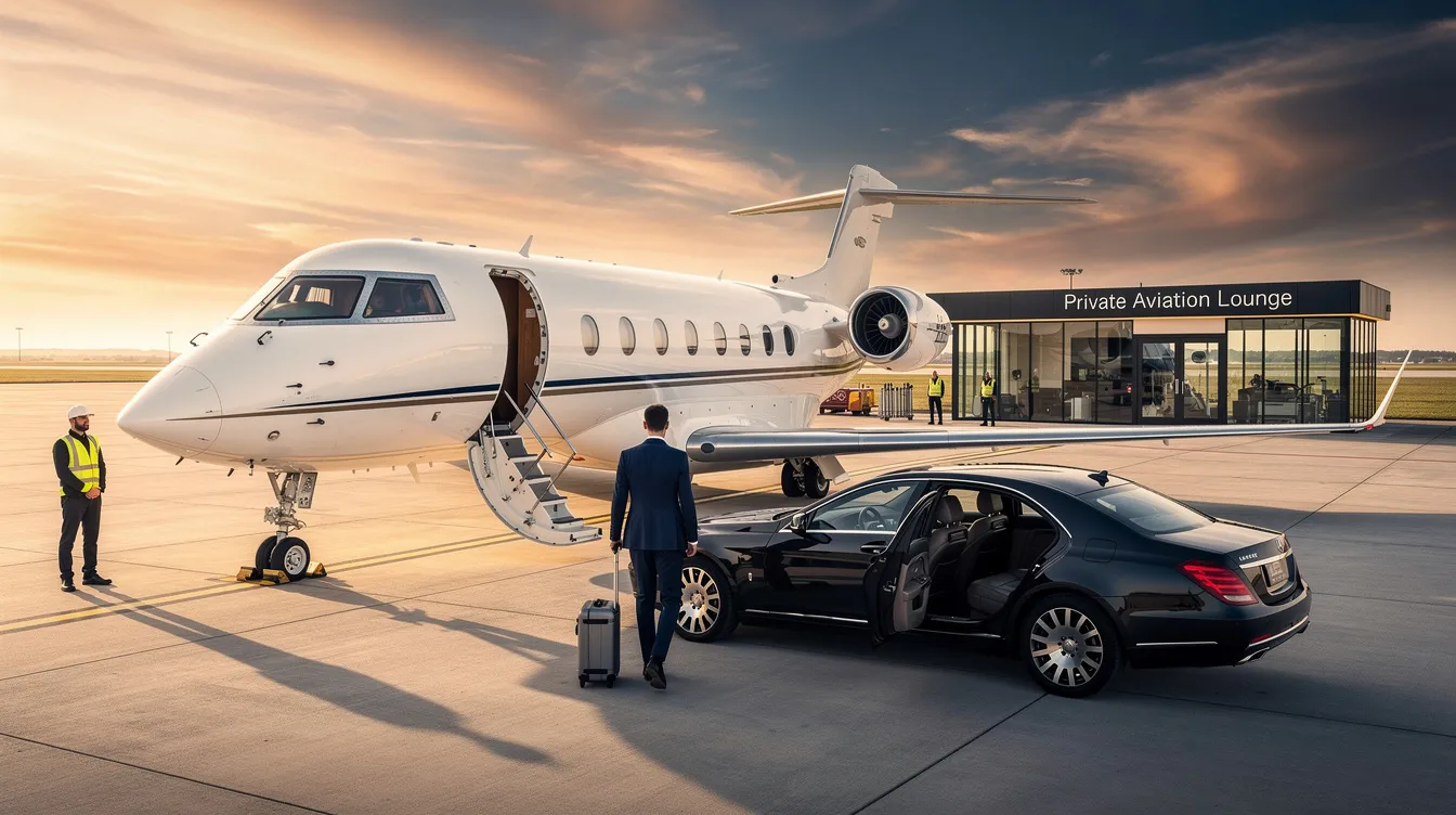 The image depicts a luxurious private jet parked at an airport, ready for passengers to board for their journey. The aircraft showcases sleek design and is surrounded by attentive crew members, emphasizing the excellent service and personalized experience offered by charter airlines for business and leisure travel.