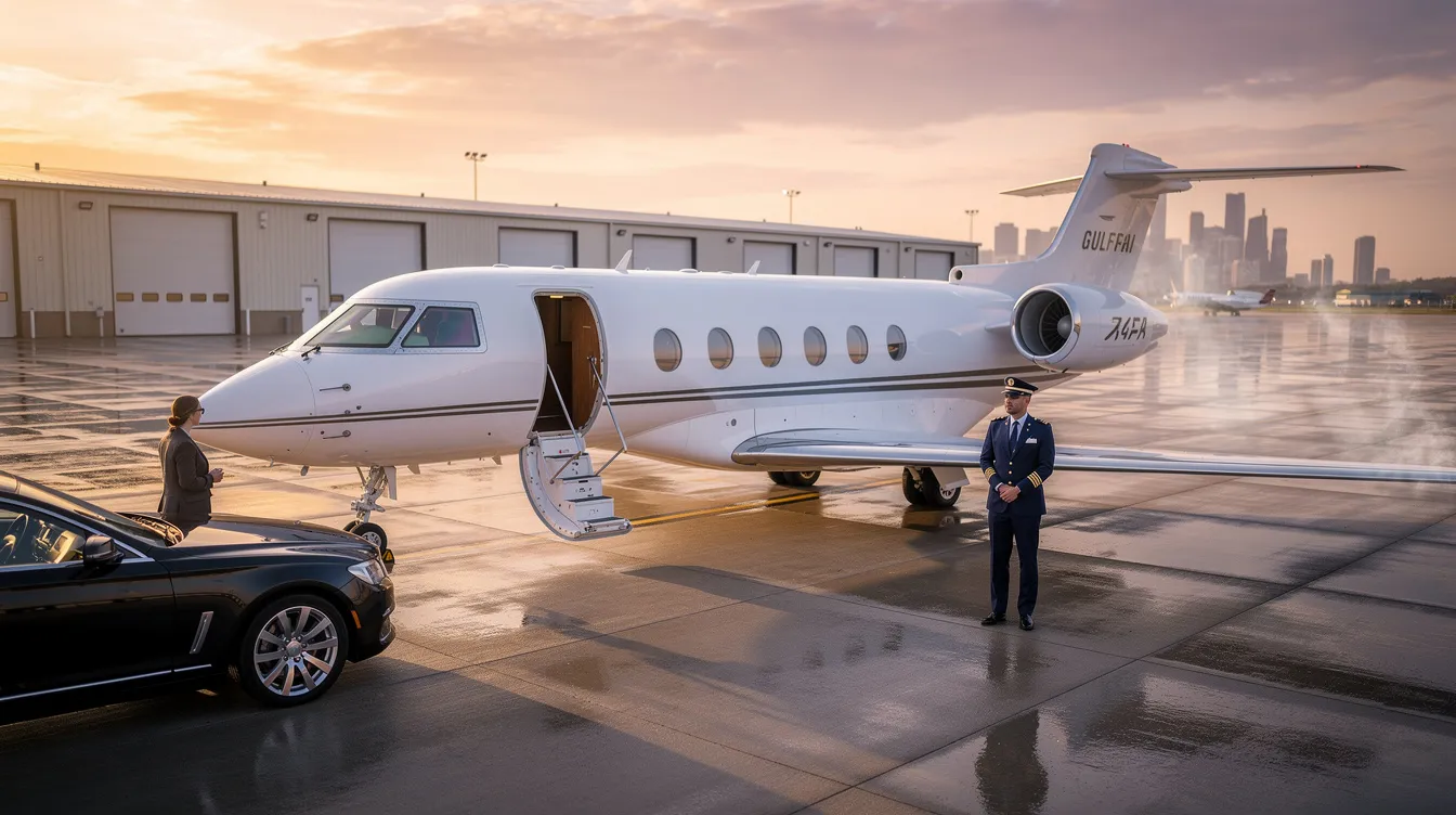 The image depicts a luxurious private jet parked at an airport, ready for passengers to board for their journey. The aircraft showcases sleek design and is surrounded by attentive crew members, emphasizing the excellent service and personalized experience offered by charter airlines for business and leisure travel.