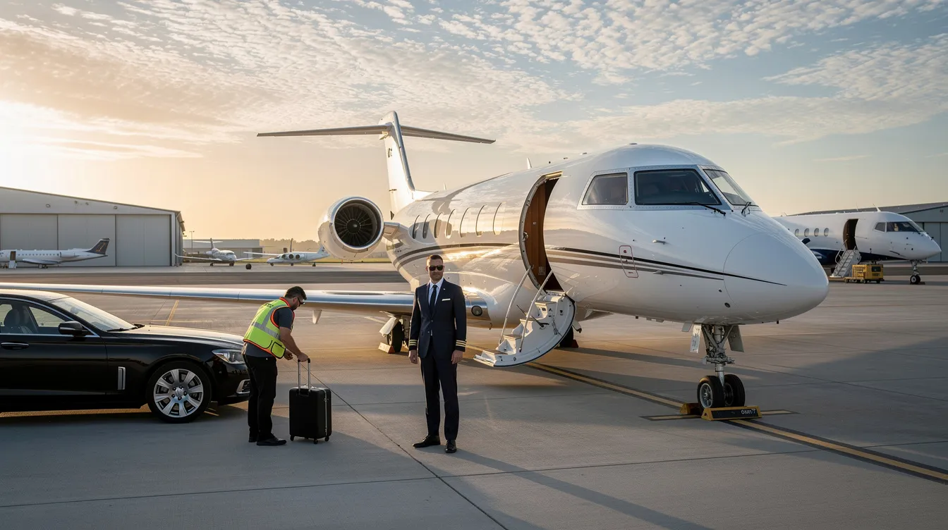The image showcases a sleek business jet parked on a tarmac, representing the world of private aviation. With a focus on excellence and reliability, the aircraft is ready to provide passengers with a premier air travel experience to their desired destination.