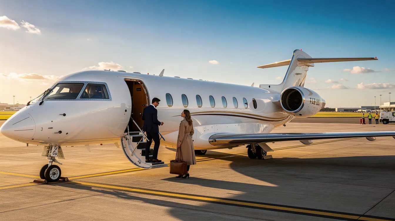 The image depicts a private jet at Dekalb Peachtree Airport (PDK), showcasing the luxury and convenience of private aviation for business travelers. In the background, the bustling city center of downtown Atlanta can be seen, highlighting the airport's proximity to popular destinations in the Atlanta area.