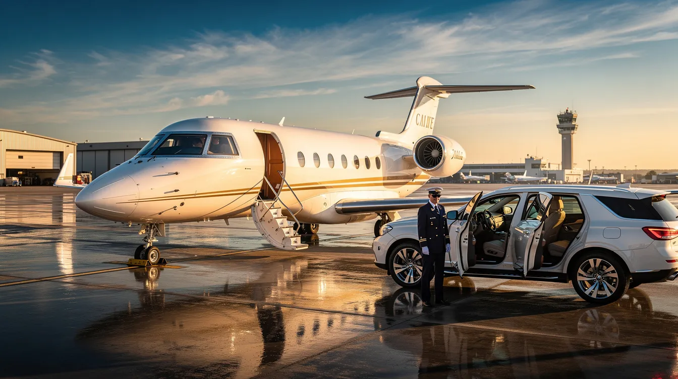 An image showcasing a luxurious private jet at an airport, highlighting the private aviation industry and the services offered by a jet charter company like Universal Jet. The aircraft is ready for travelers seeking a high-end flying experience, complete with amenities such as Wi-Fi and VIP catering for culinary travelers.