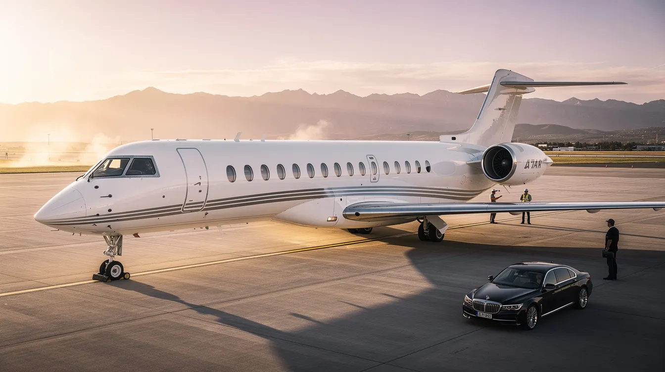An image showcasing a luxurious private jet at an airport, highlighting the private aviation industry and the services offered by a jet charter company like Universal Jet. The aircraft is ready for travelers seeking a high-end flying experience, complete with amenities such as Wi-Fi and VIP catering for culinary travelers.