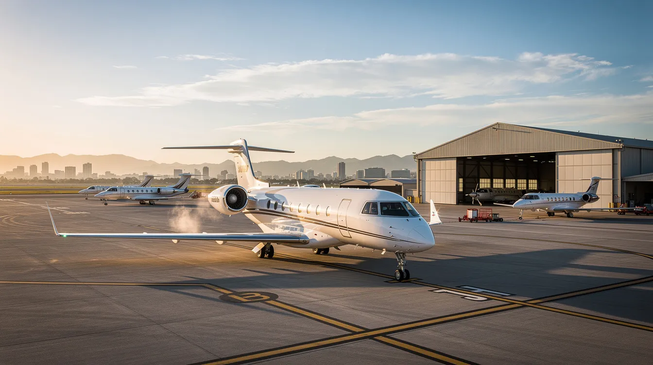 The image depicts a sleek private jet parked at an airport, symbolizing the luxury and convenience of private aviation. This aircraft represents Atlantic Air's commitment to providing hassle-free travel experiences and exemplary customer service for international charter flight solutions in the greater South Florida area.