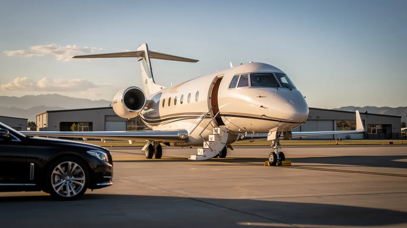 The image showcases a luxurious private jet parked at a sleek airport, symbolizing premium private aviation services. It highlights the convenience of private jet charters for travelers seeking efficient customs clearance and personalized service while flying to popular destinations like Warsaw, Poland.