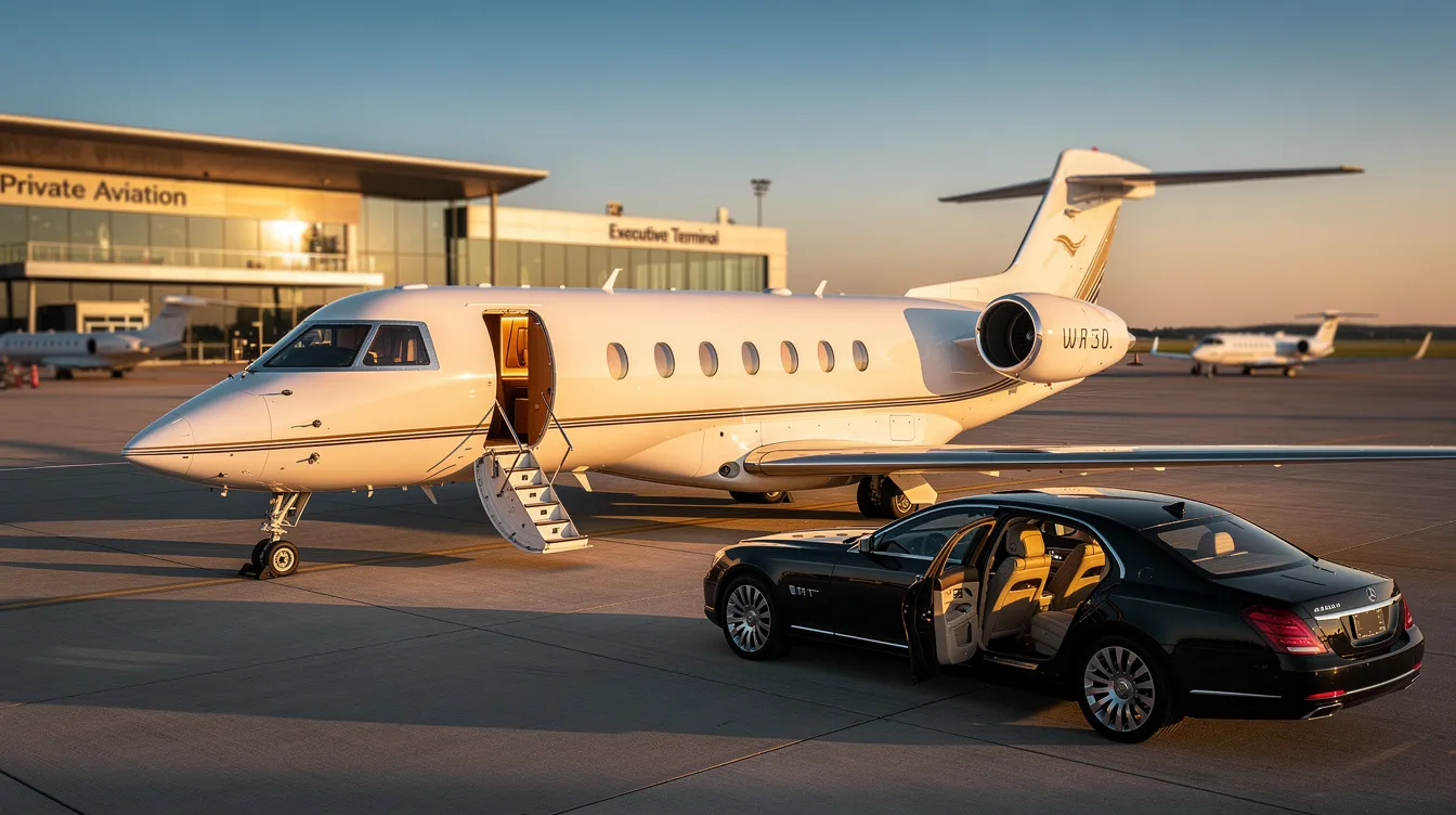 The image showcases a luxurious private jet parked at a sleek airport, symbolizing premium private aviation services. It highlights the convenience of private jet charters for travelers seeking efficient customs clearance and personalized service while flying to popular destinations like Warsaw, Poland.