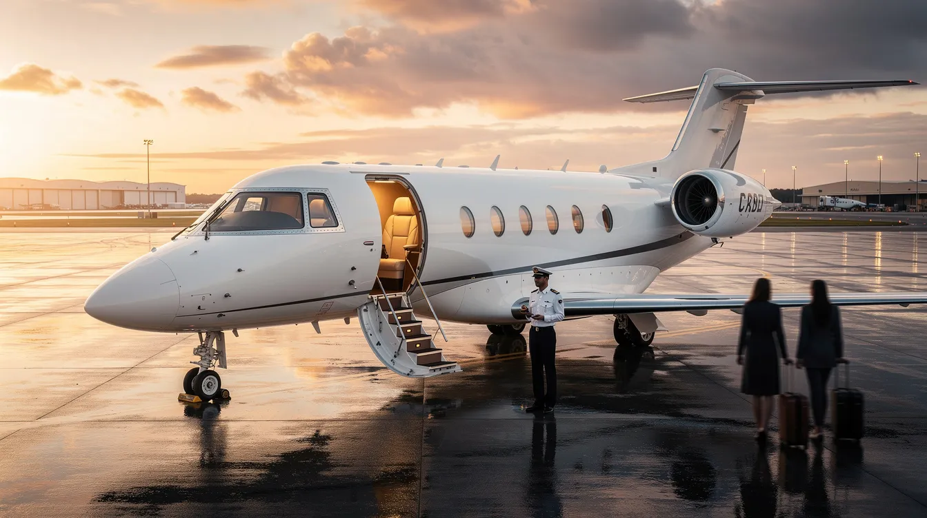 The image depicts a sleek private jet parked at a smaller airport, showcasing the luxury and convenience of private aviation. With spacious cabin space and personalized service, this private jet offers a faster and more comfortable alternative to commercial air travel.