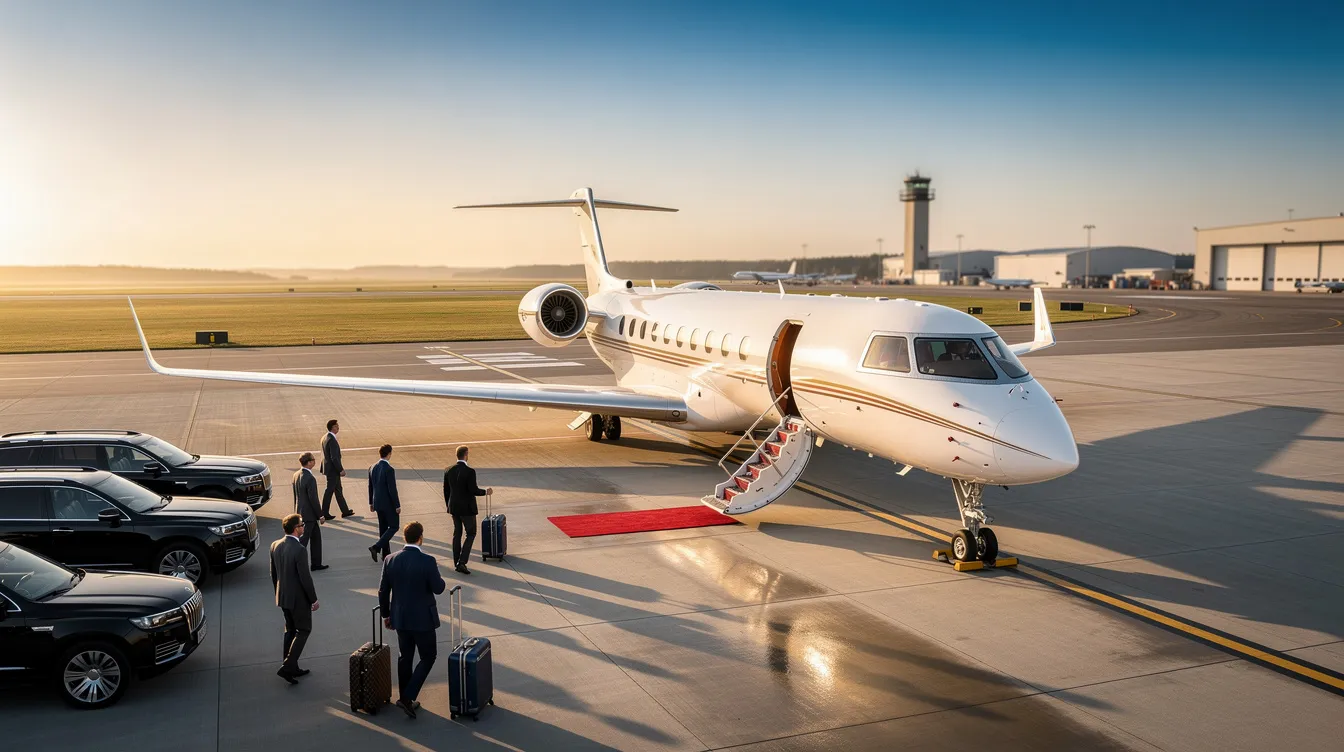 The image depicts a sleek private jet parked at a smaller airport, showcasing the luxury and convenience of private aviation. With spacious cabin space and personalized service, this private jet offers a faster and more comfortable alternative to commercial air travel.