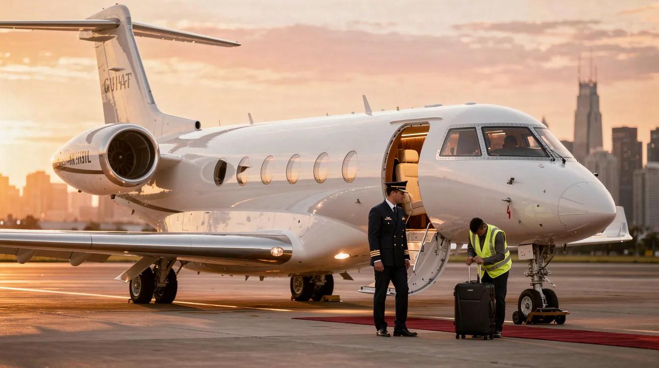 The image depicts a luxurious private jet ready for takeoff, showcasing its sleek design and spacious interiors that offer a quiet and private environment for travelers. This represents the unmatched convenience of private aviation, allowing individuals to fly privately to their final destination without the hassles of commercial flights.