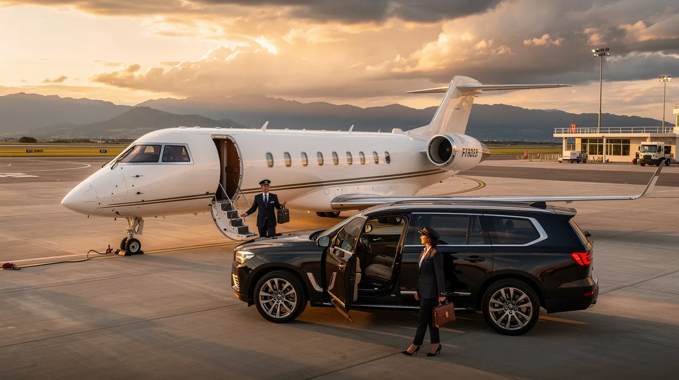 The image depicts a luxurious private jet ready for takeoff, showcasing its sleek design and spacious interiors that offer a quiet and private environment for travelers. This represents the unmatched convenience of private aviation, allowing individuals to fly privately to their final destination without the hassles of commercial flights.