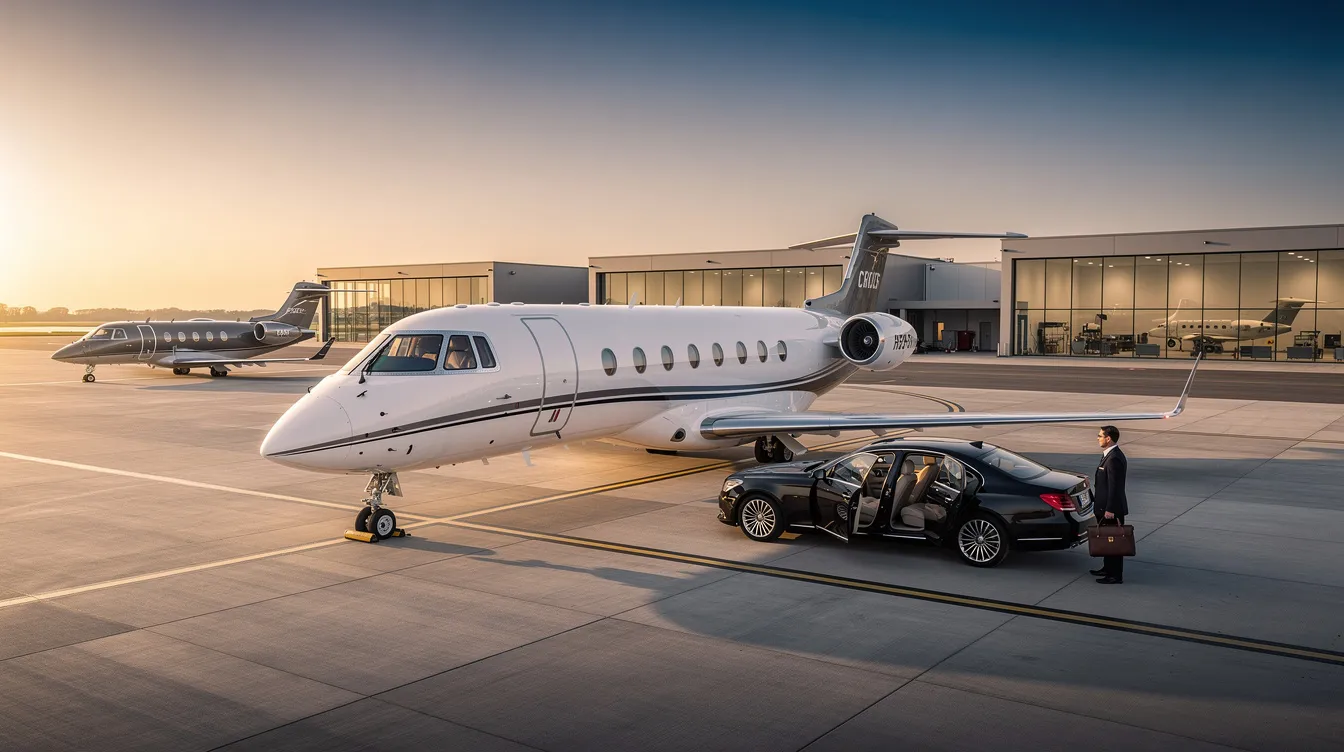 The image depicts a sleek private jet parked at a private terminal, showcasing the luxurious facilities available at private airports in Dallas, such as Dallas Executive Airport and Addison Airport. In the background, the skyline of downtown Dallas can be seen, emphasizing the convenient location of these private aviation options for business travelers.